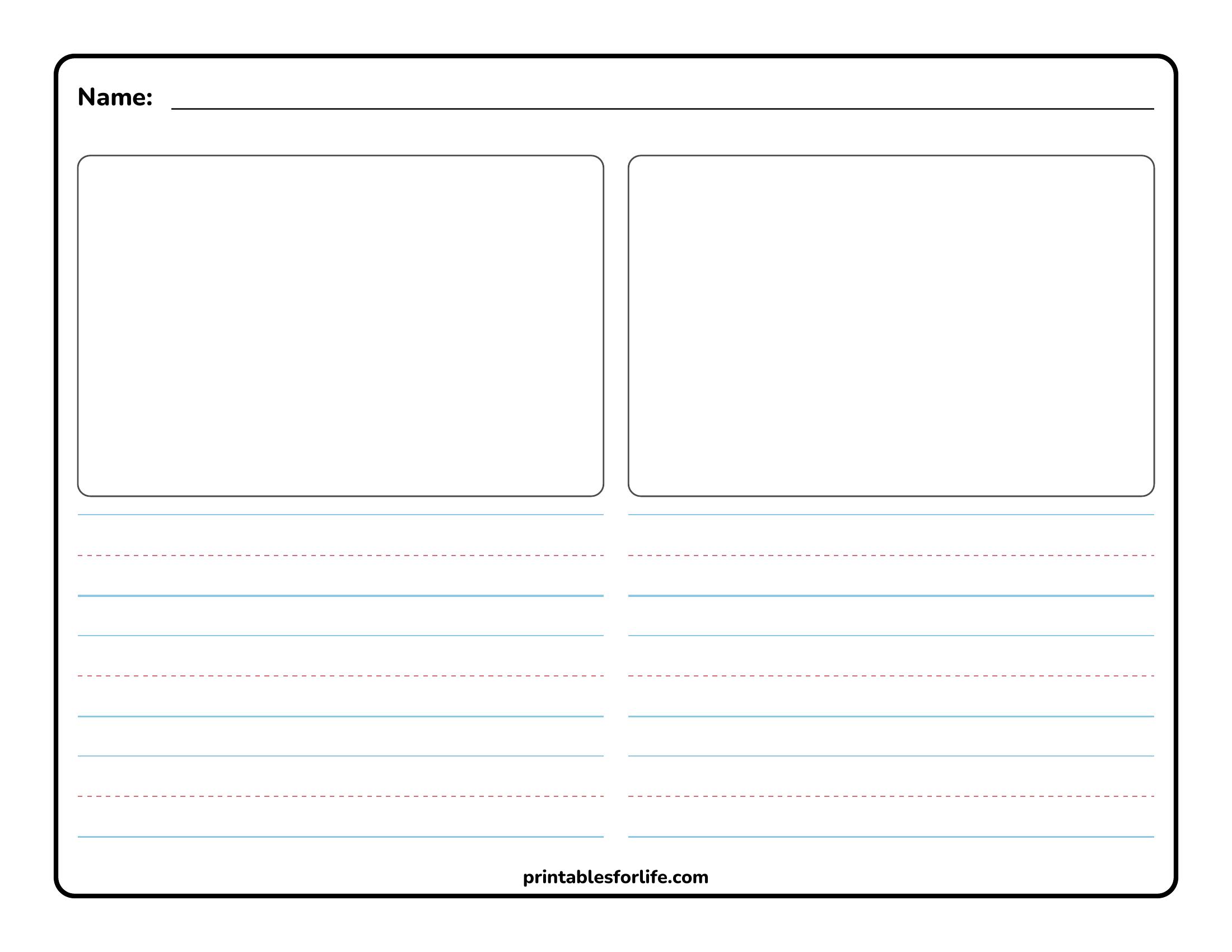 Blank two-column worksheet with name line at top, two rounded-rectangle drawing boxes, and ruled handwriting lines below.