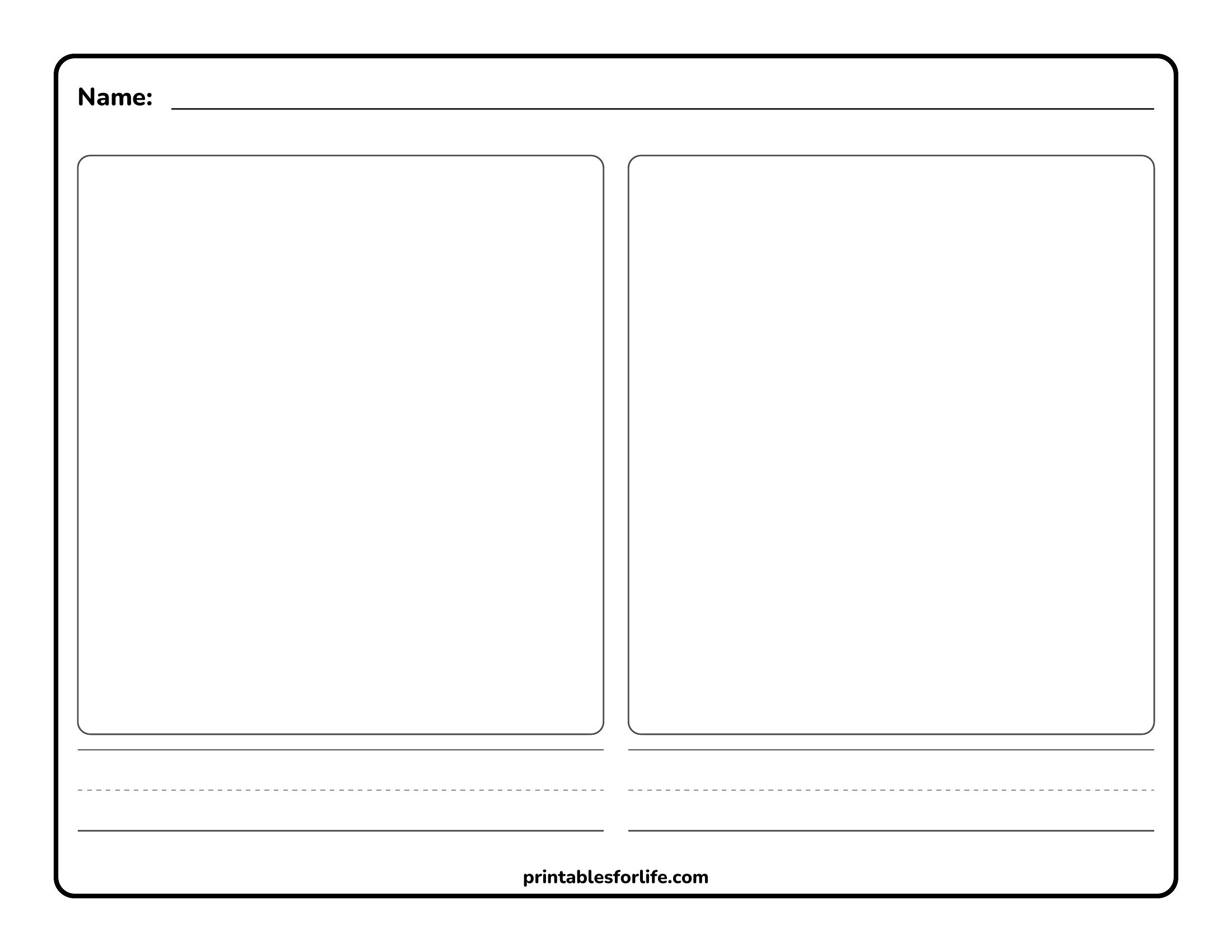 Blank worksheet with two large rounded rectangular drawing boxes side-by-side, a top name line, and writing lines below.