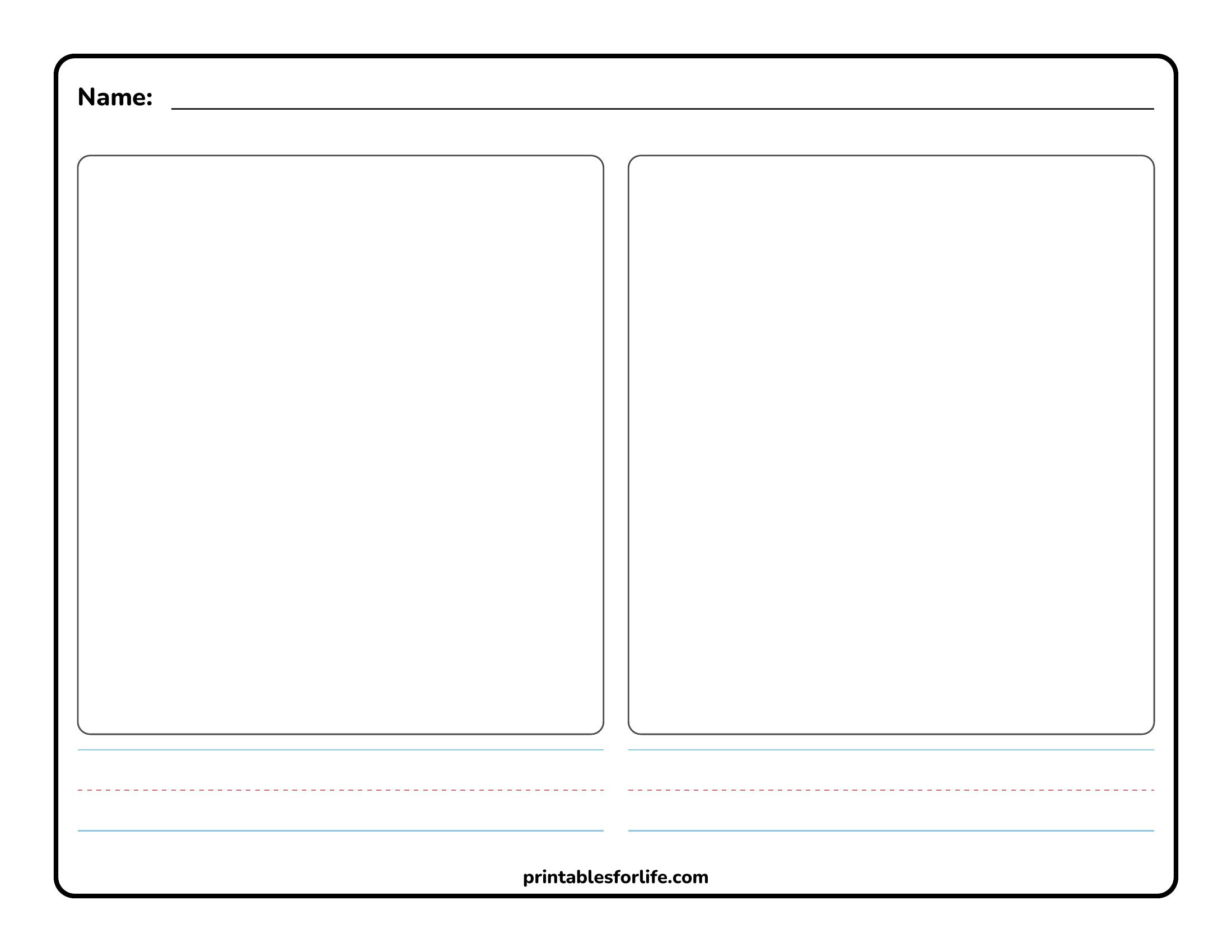 Blank worksheet with two large rounded rectangular drawing boxes side-by-side, name line at top, and handwriting lines below.