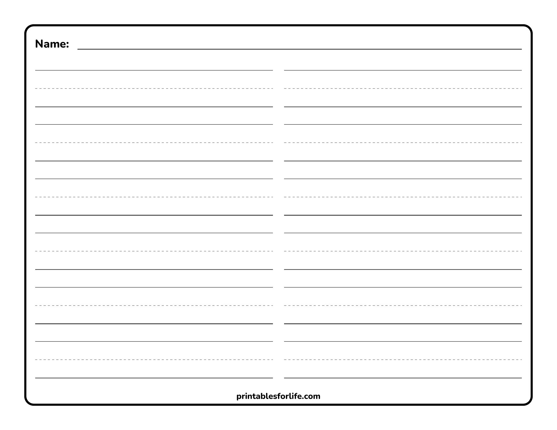 Blank double-column primary handwriting practice worksheet with name line at top and solid and dashed guide lines.