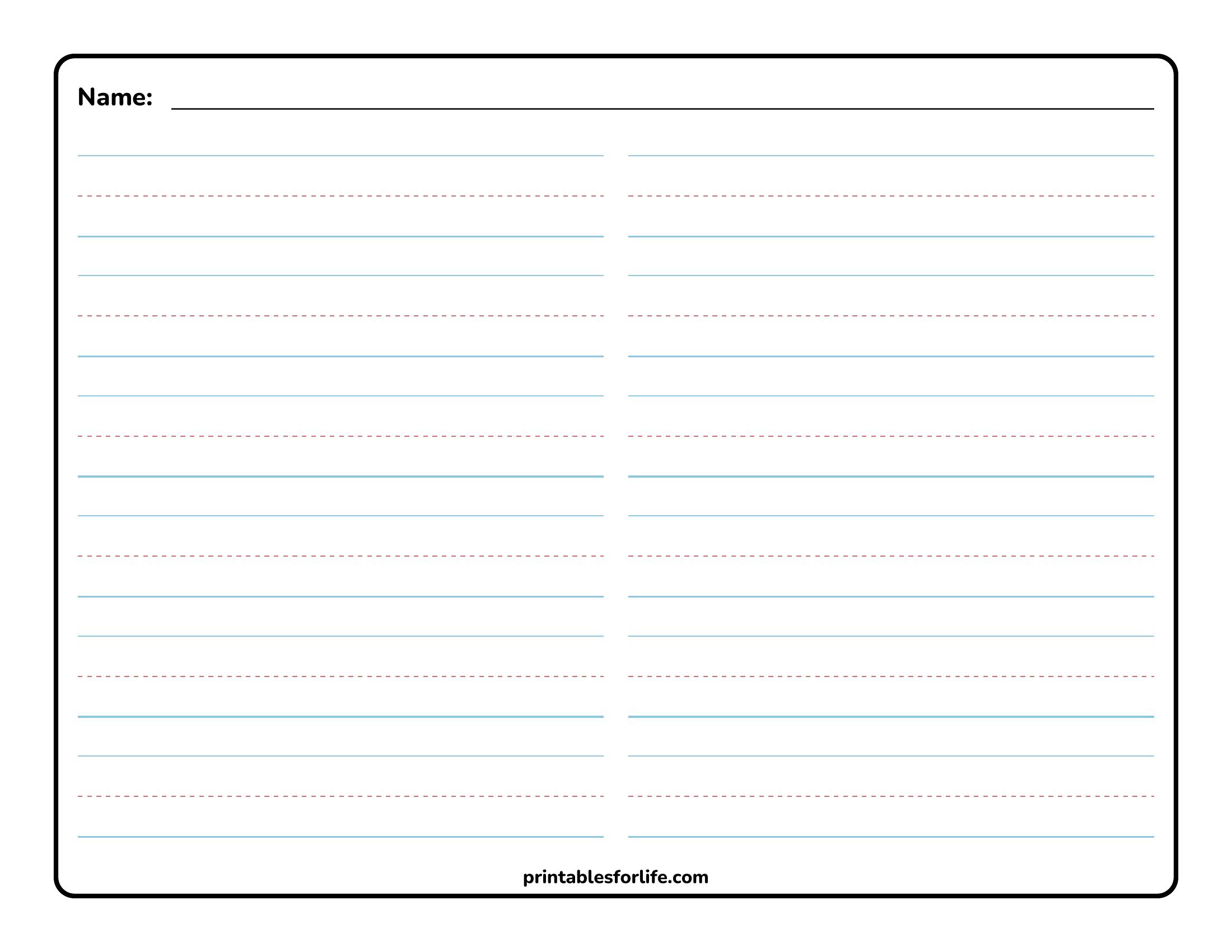 Blank primary handwriting practice page with two narrow columns of blue solid lines and red dashed midlines, label line for Name at top.