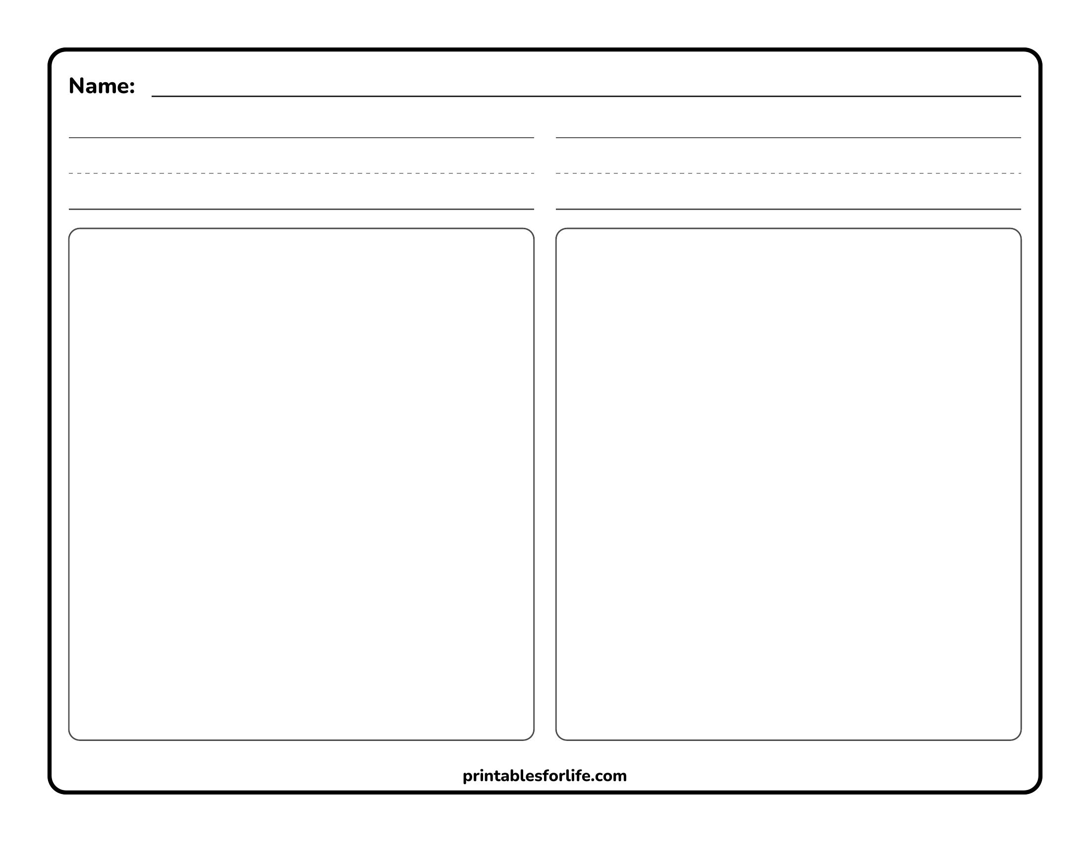 Blank worksheet with a top name line, two columns of lined writing space and two large rounded rectangular drawing boxes below.