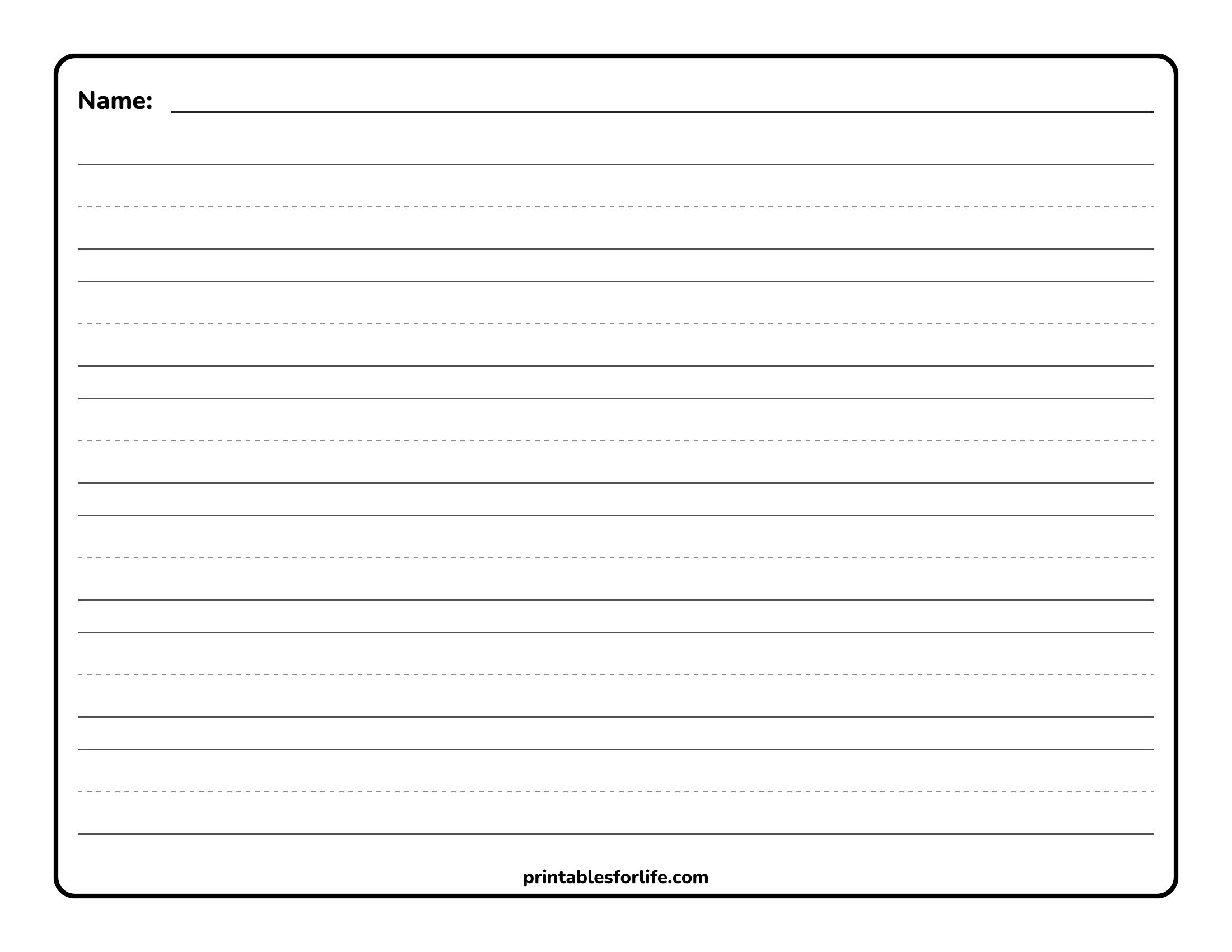 Blank bordered handwriting practice sheet with a 'Name:' line at top, alternating solid and dashed wide-ruled lines for writing.