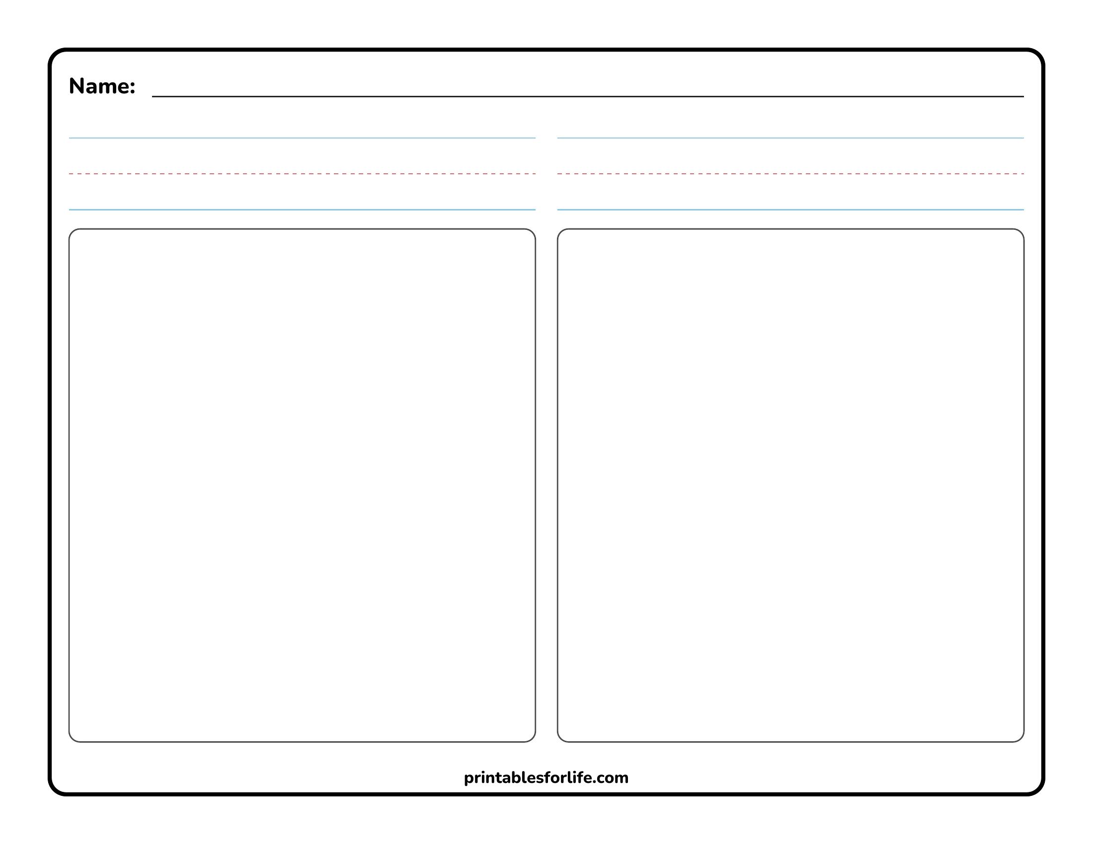 Blank two-column worksheet with name line at top, dashed midline handwriting guides, and two large drawing boxes below.