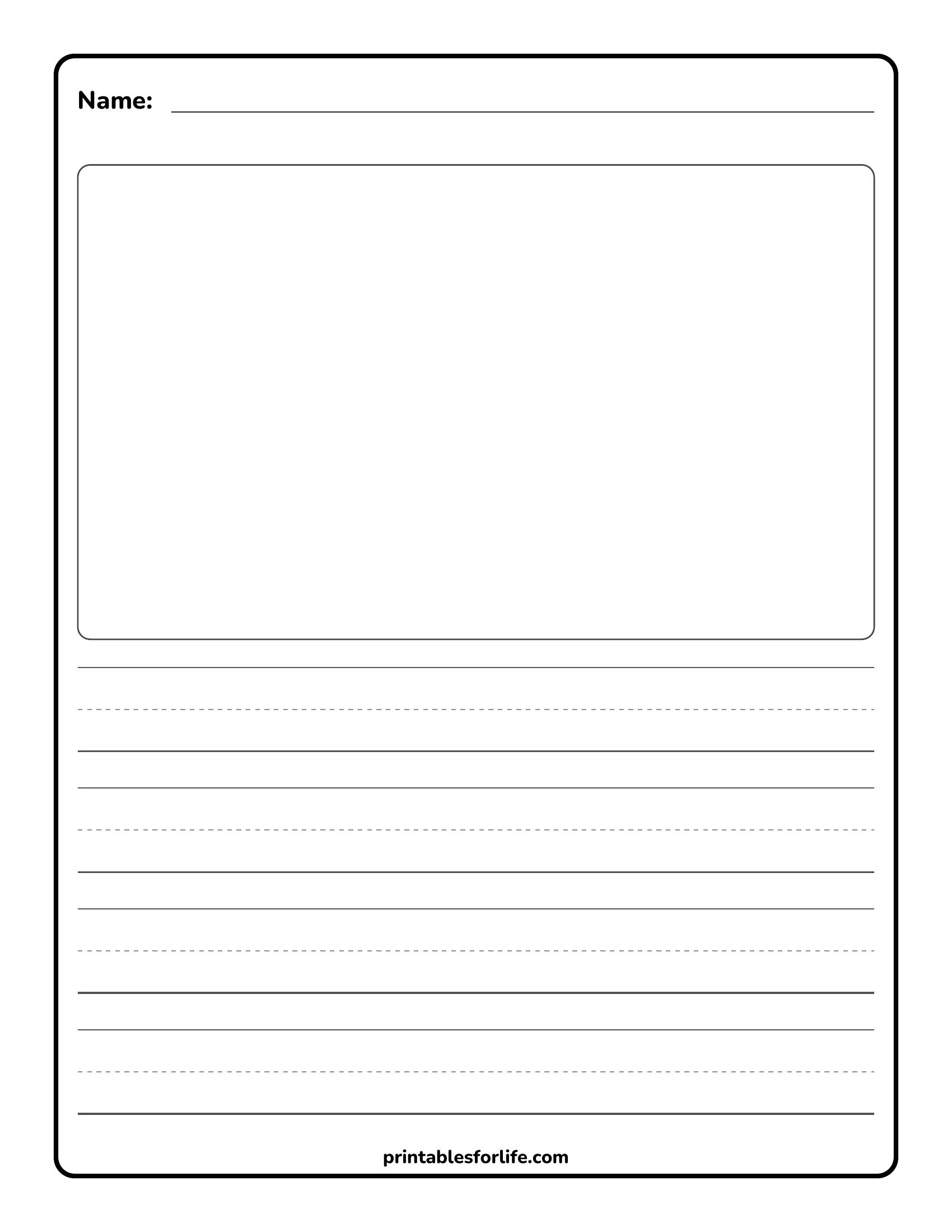 Blank portrait worksheet with a top name line, large rounded-rectangle drawing box, and multiple dashed and solid writing lines below.