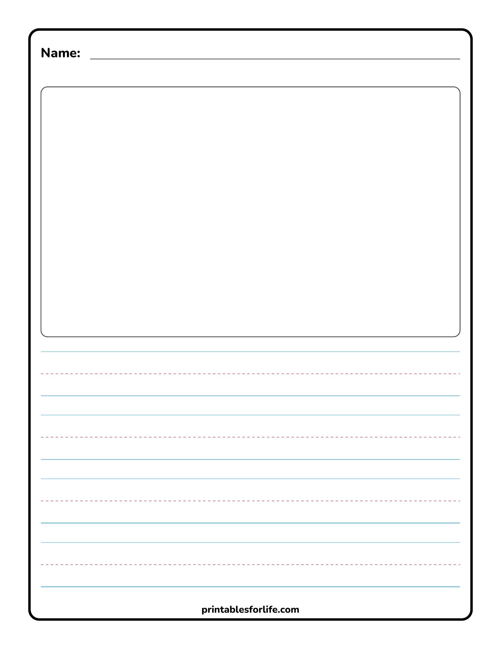 Blank printable worksheet with a top name line, large rounded rectangle drawing box, and multiple blue and dashed red handwriting lines below.