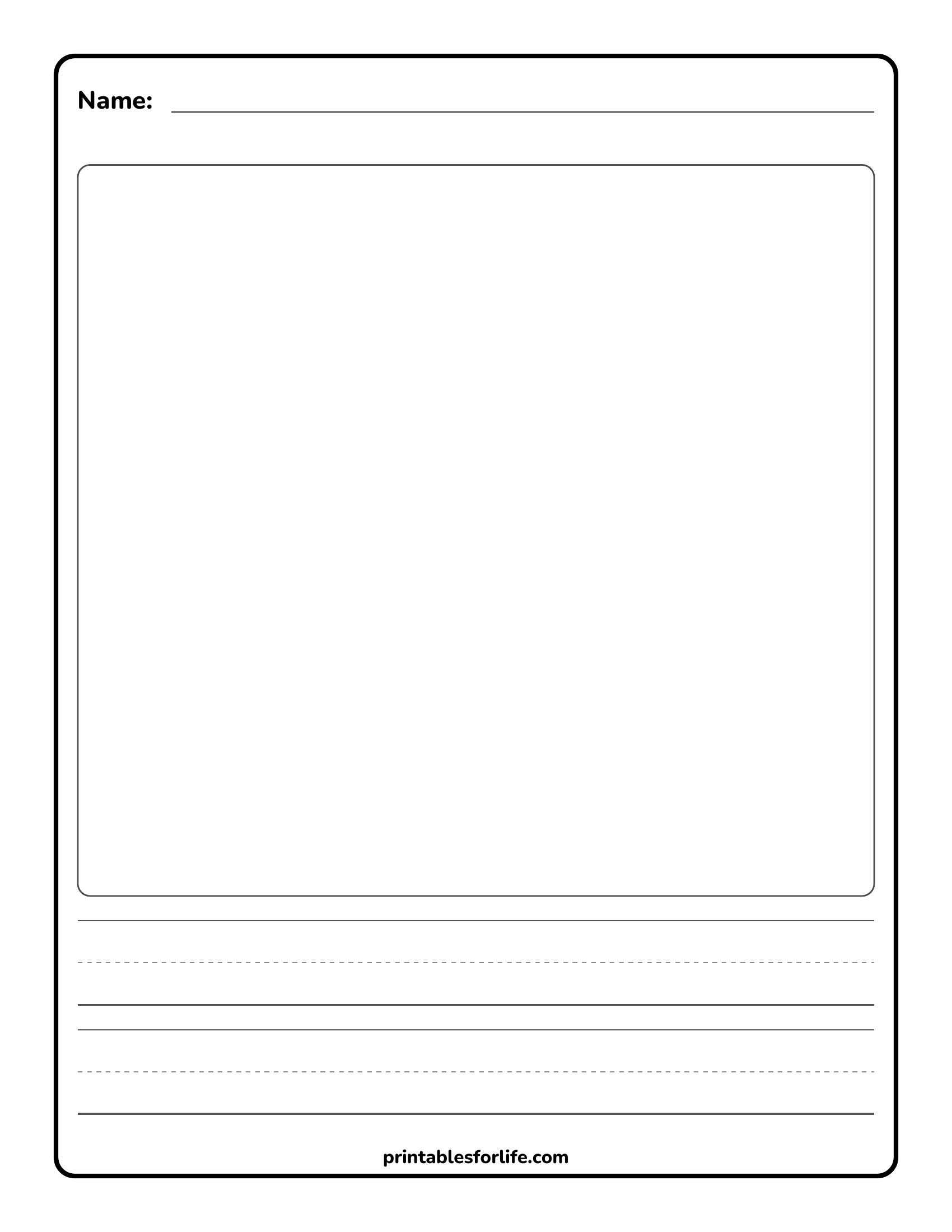 Blank worksheet with a top name line, large rounded-rectangle drawing area, and multiple dashed and solid ruled writing lines below.