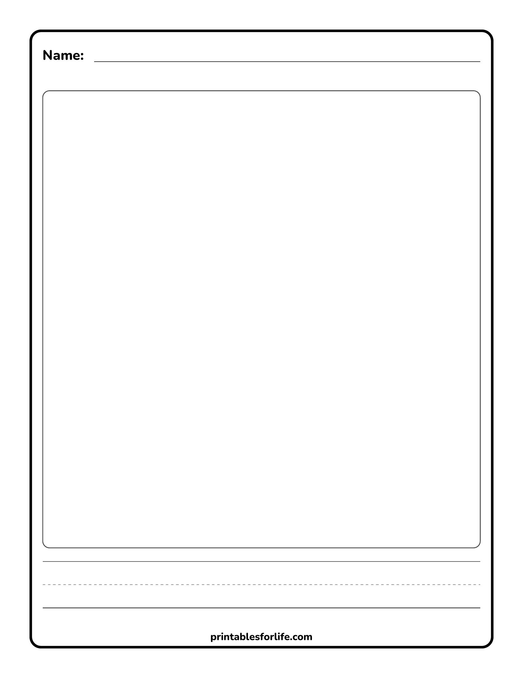 Blank worksheet with a top name line, large rounded rectangle drawing box, and lined writing area at bottom.