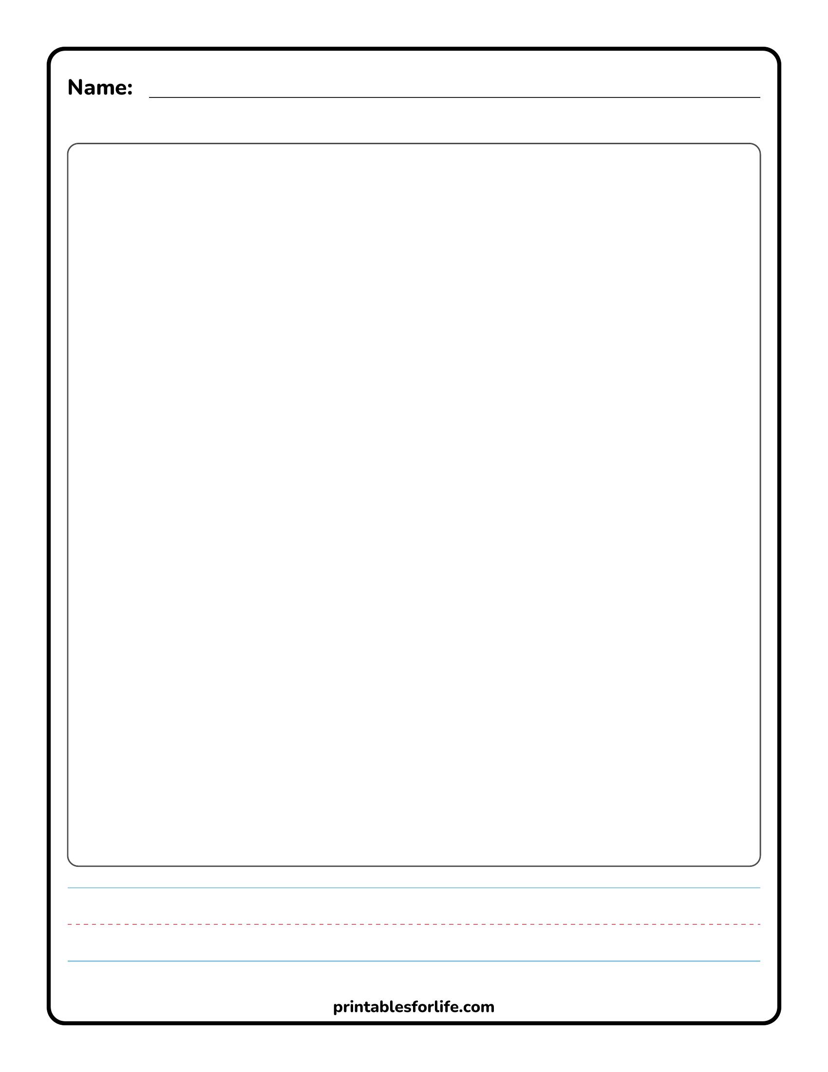 Blank worksheet with a large rounded rectangle drawing area, name line at top, and primary handwriting lines near bottom.