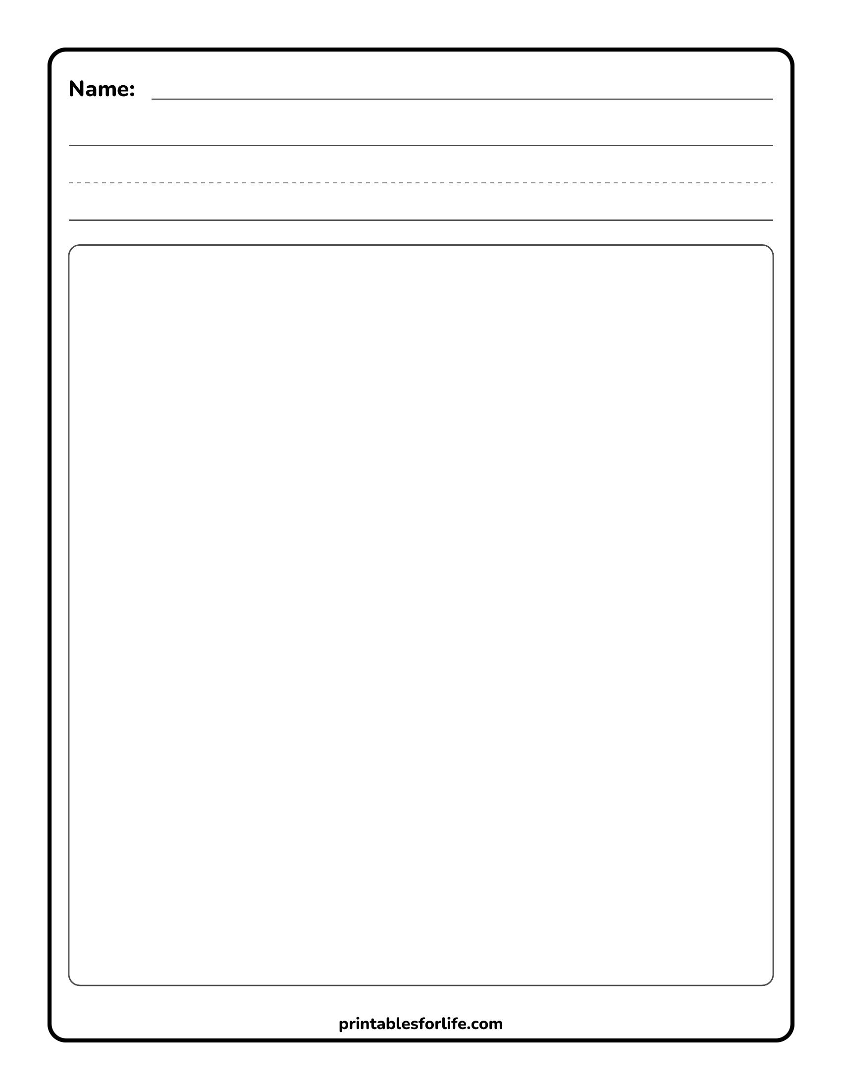Blank worksheet with a top name line, several faint handwriting guide lines, and a large rounded rectangular drawing box below.