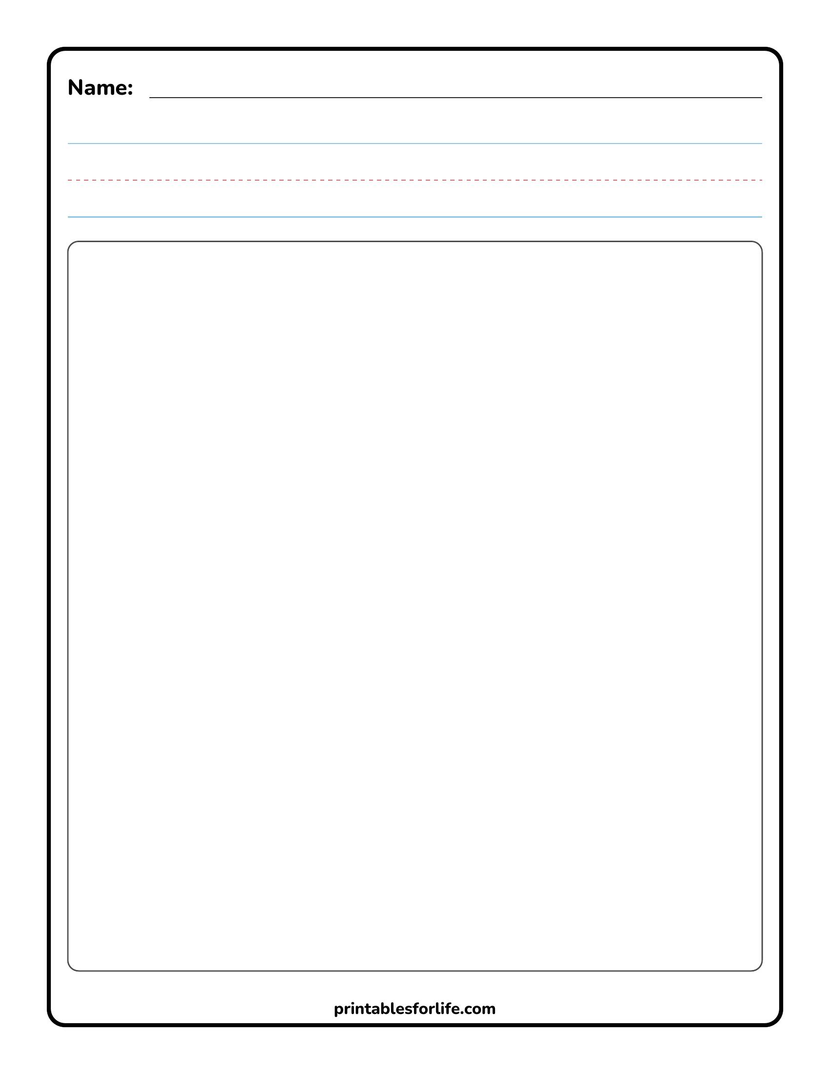 Blank lined worksheet with a name line at top, three practice writing lines, and a large rounded drawing box below.