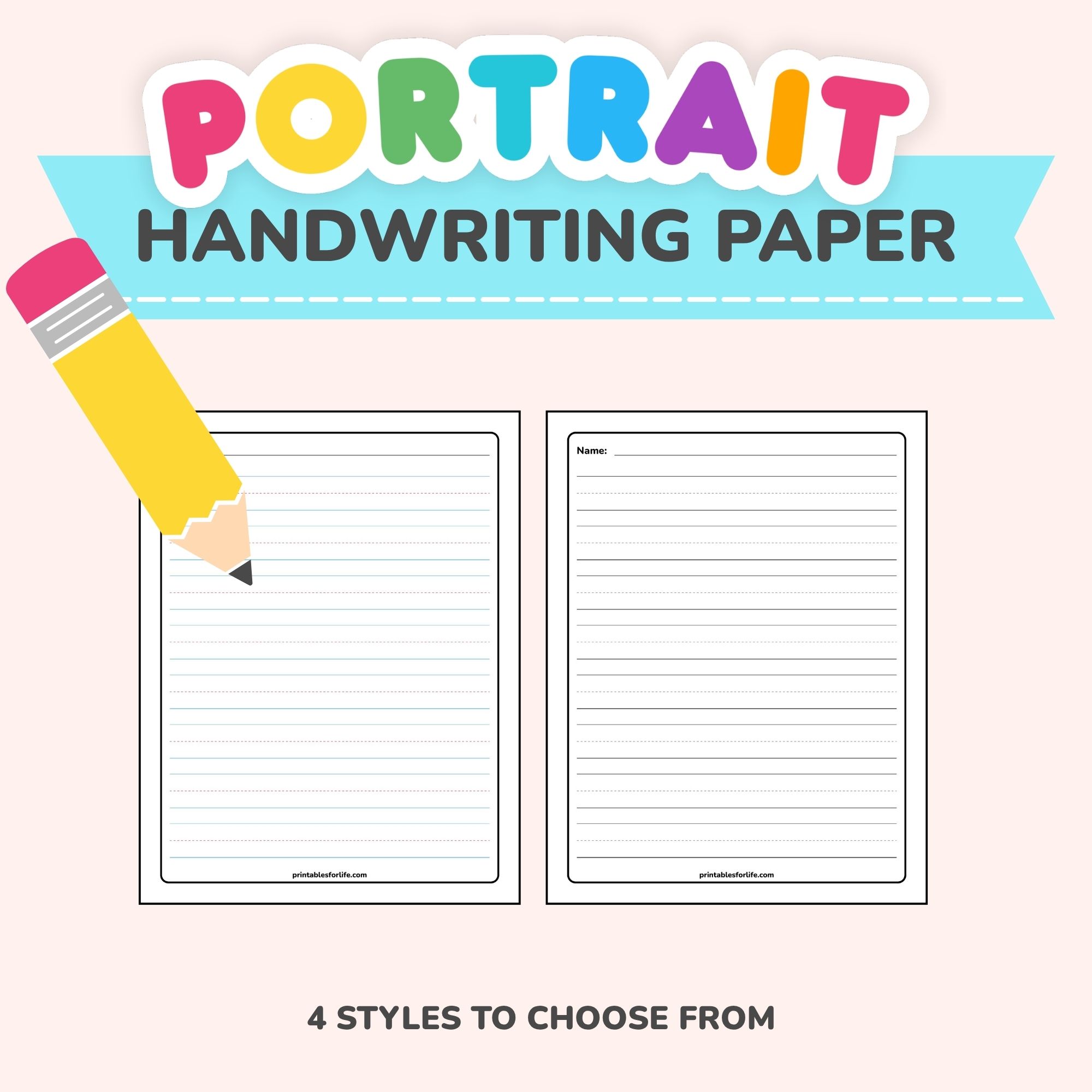 Top banner reading PORTRAIT HANDWRITING PAPER in bright rainbow and teal with two lined worksheet pages below and a large yellow pencil at left.