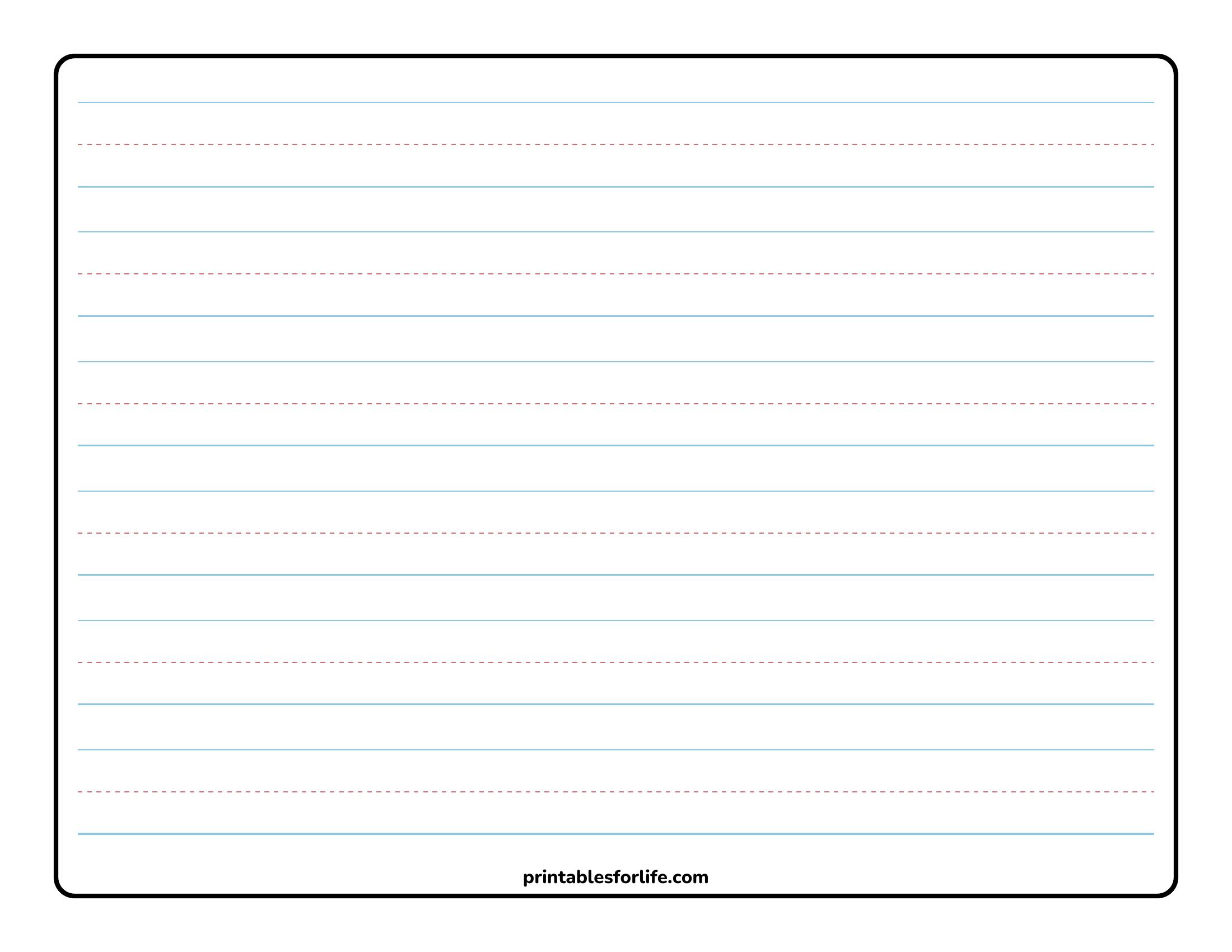 Top half of a blank wide-ruled handwriting practice sheet with blue solid lines and red dashed midlines and rounded black border.