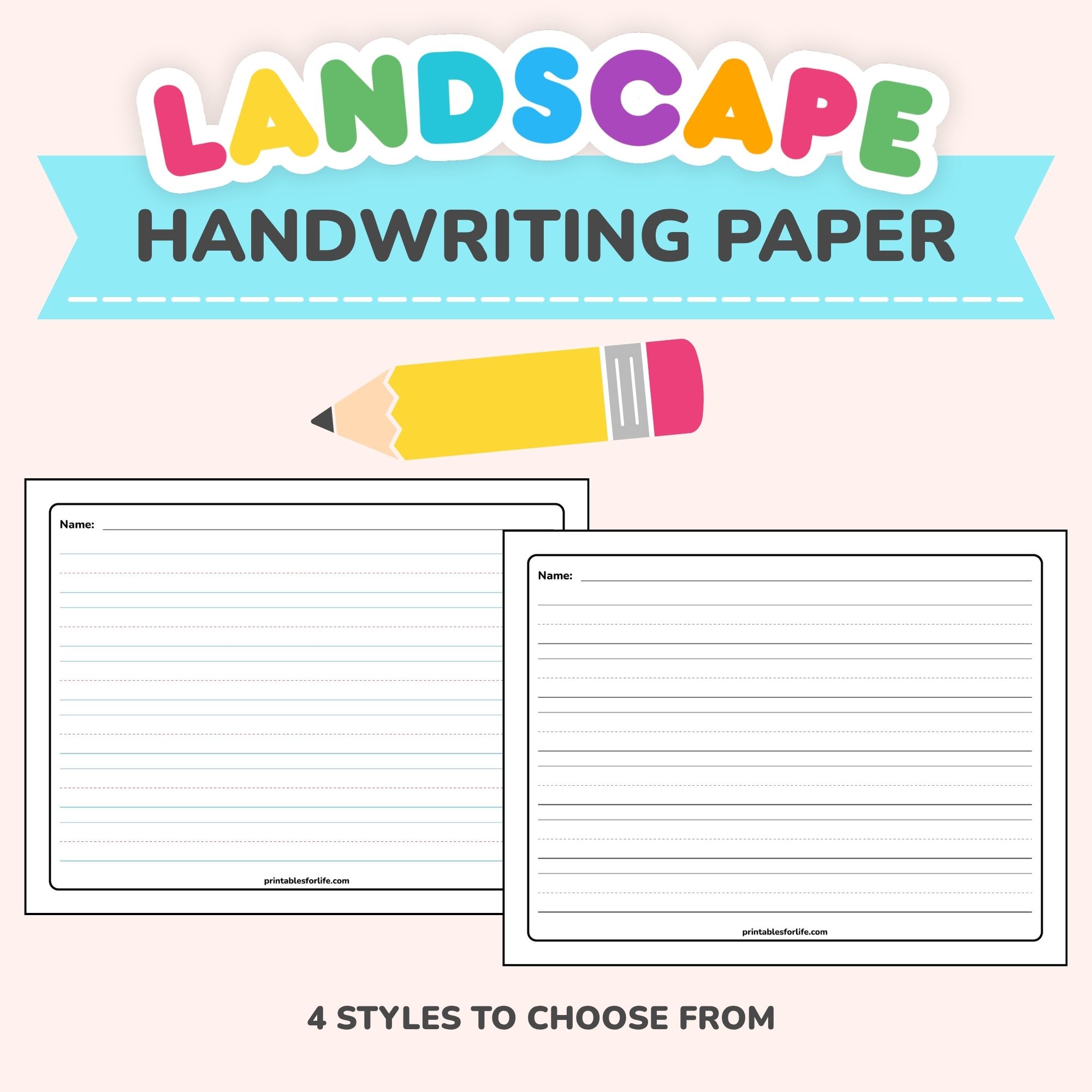 Colorful header reading LANDSCAPE HANDWRITING PAPER with a large pencil and two lined handwriting worksheets below on a pale pink background.