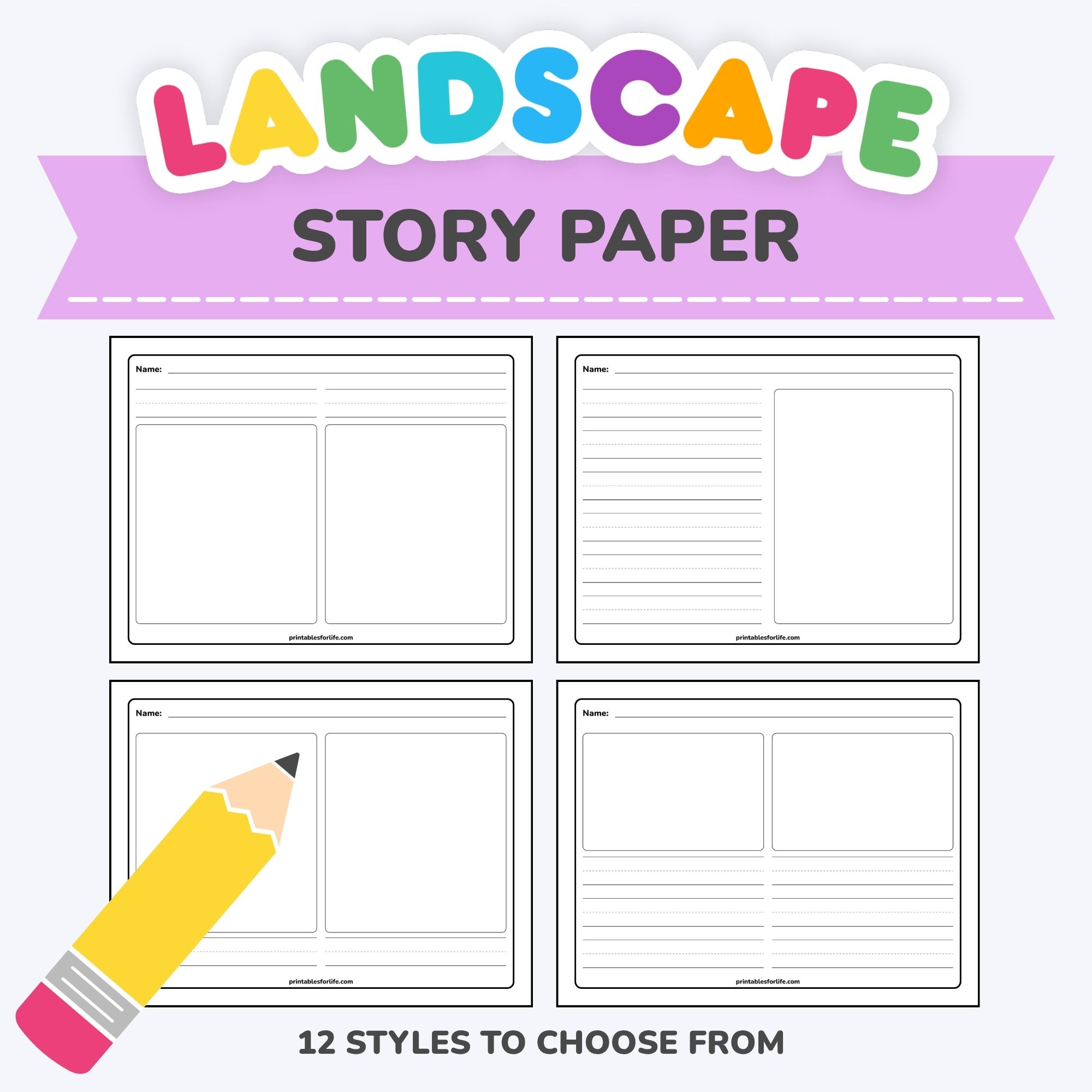 Colorful 'LANDSCAPE STORY PAPER' header above a grid of eight black-and-white story paper templates with a large pencil graphic.