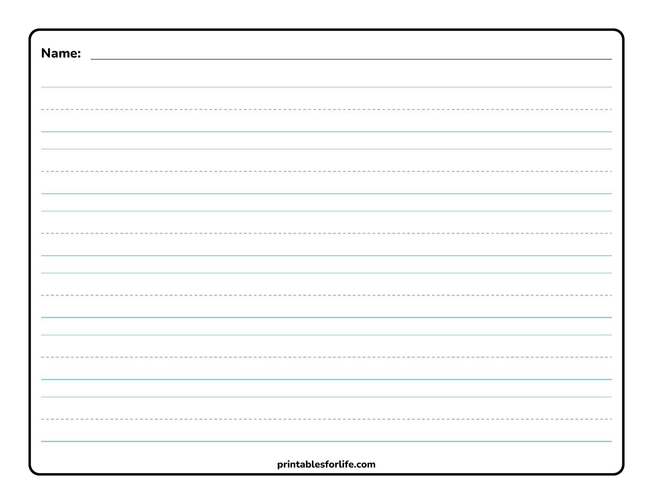Wide printable primary handwriting worksheet with name line at top and alternating blue and red dashed guideline rows within a rounded black border.
