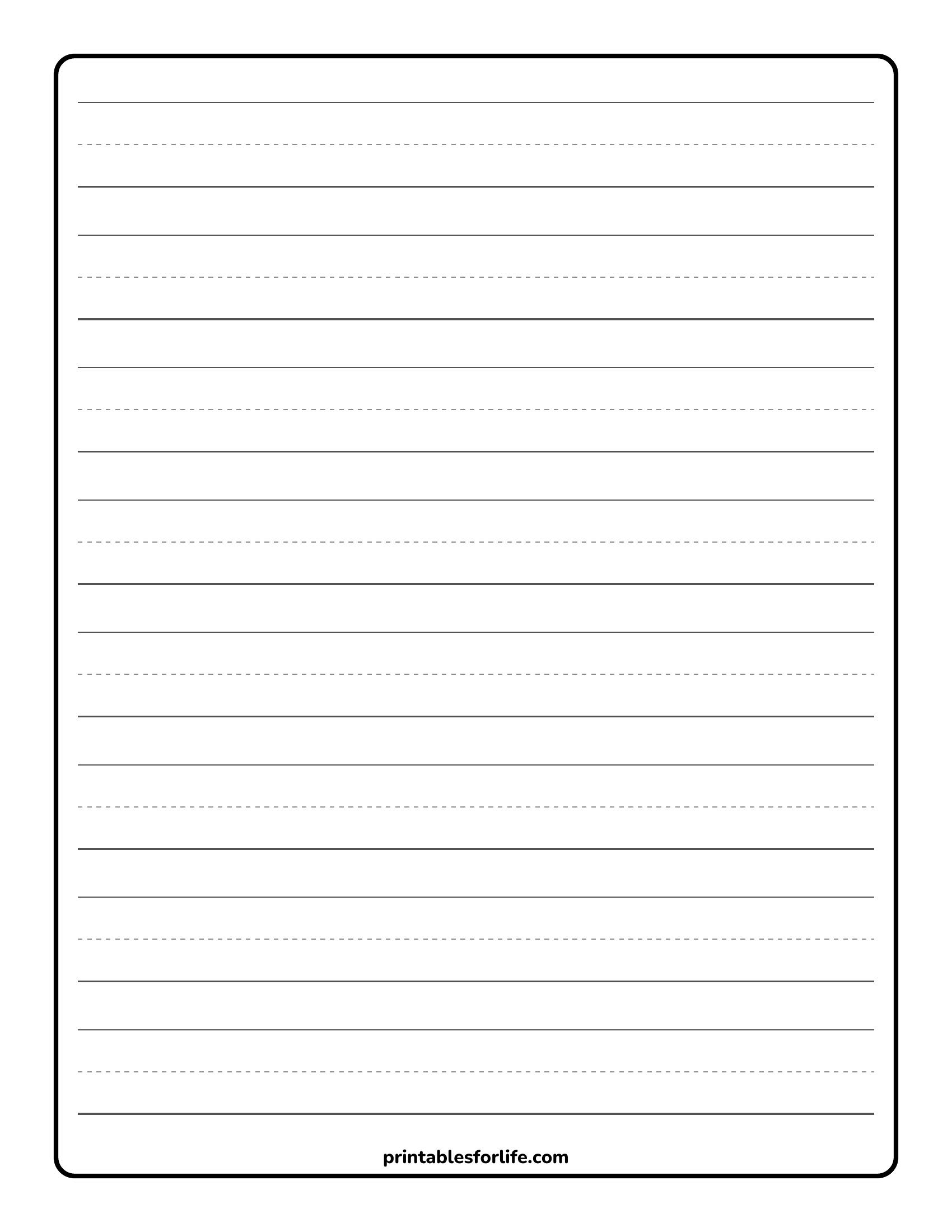 Tall vertical worksheet with wide margins showing alternating solid and dashed handwriting guide lines inside a rounded black border.