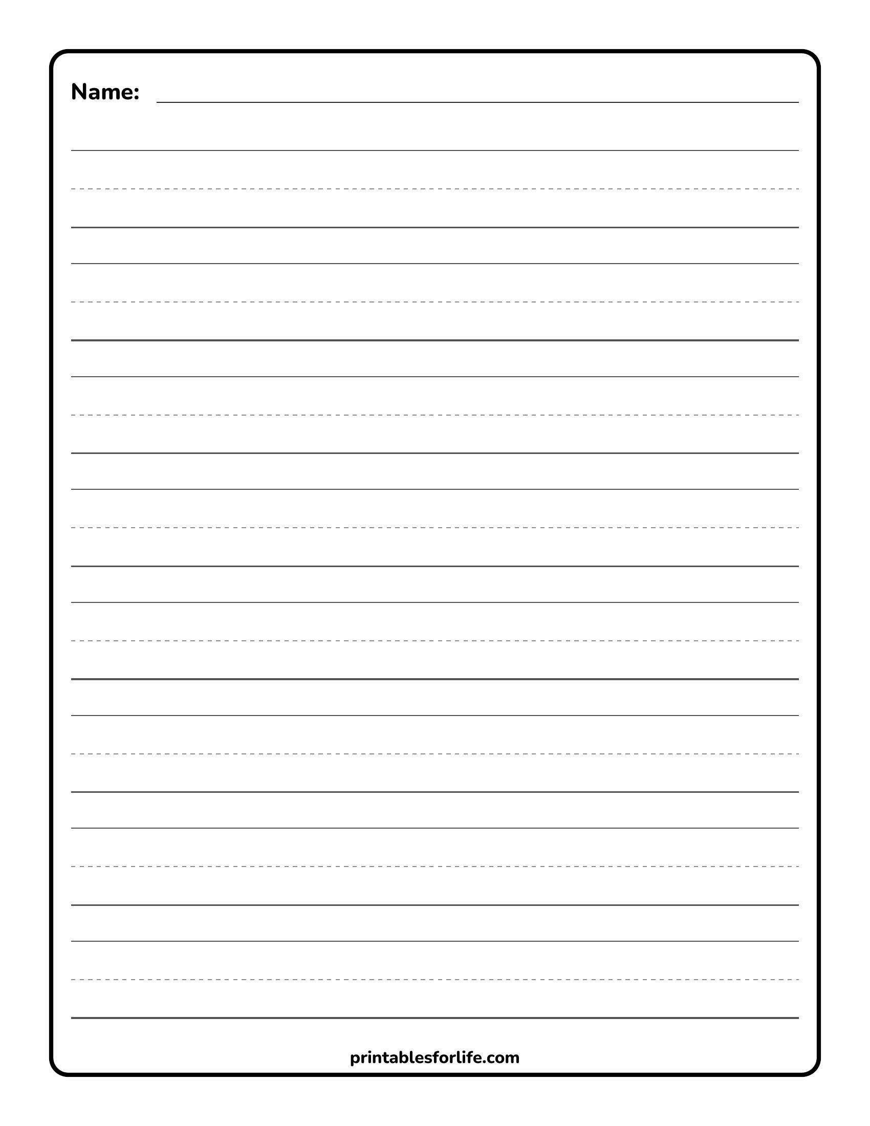 Blank lined handwriting practice page with a top name line and alternating solid and dashed guide lines for primary writing.