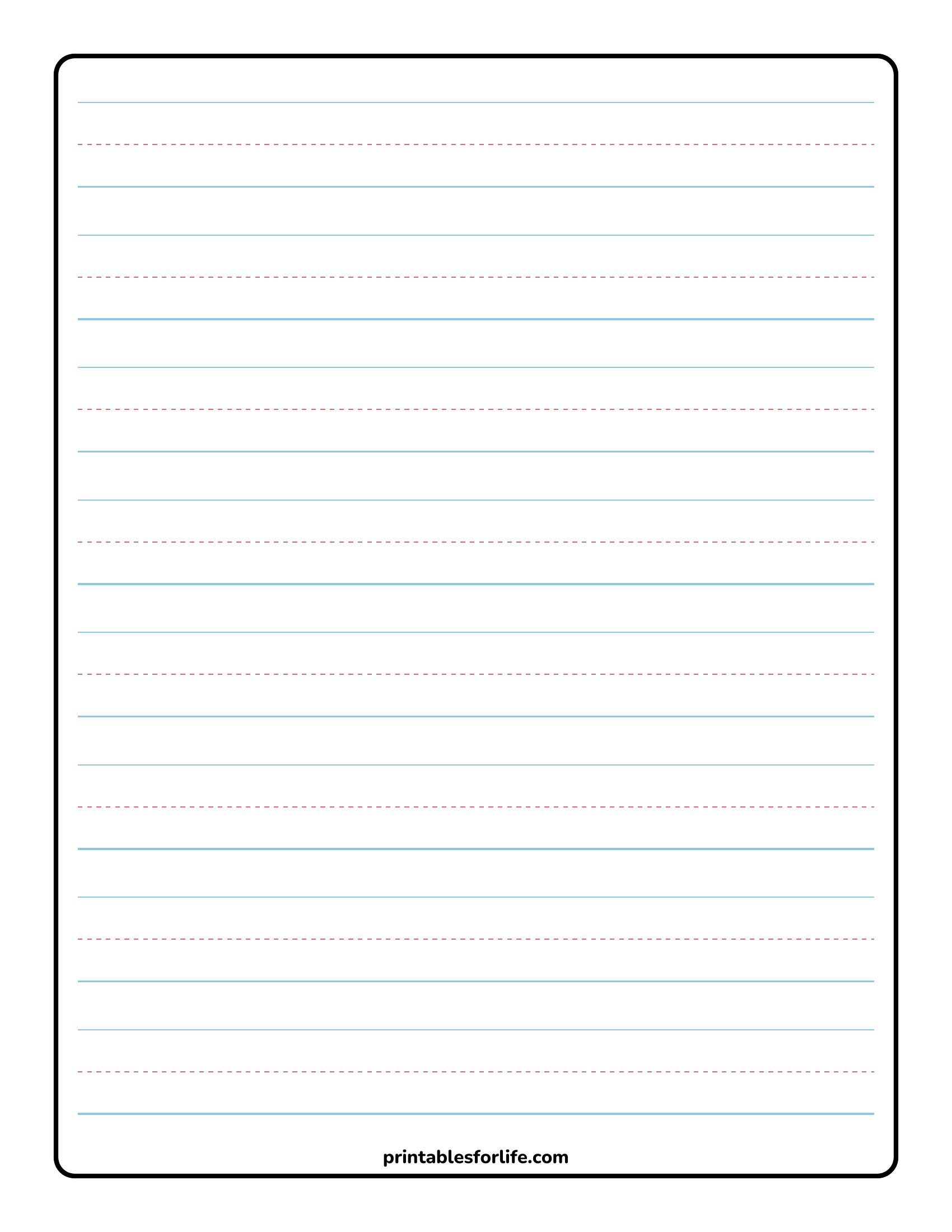 Blank wide-ruled handwriting practice sheet with light blue horizontal lines and red dashed midlines inside a rounded black border.