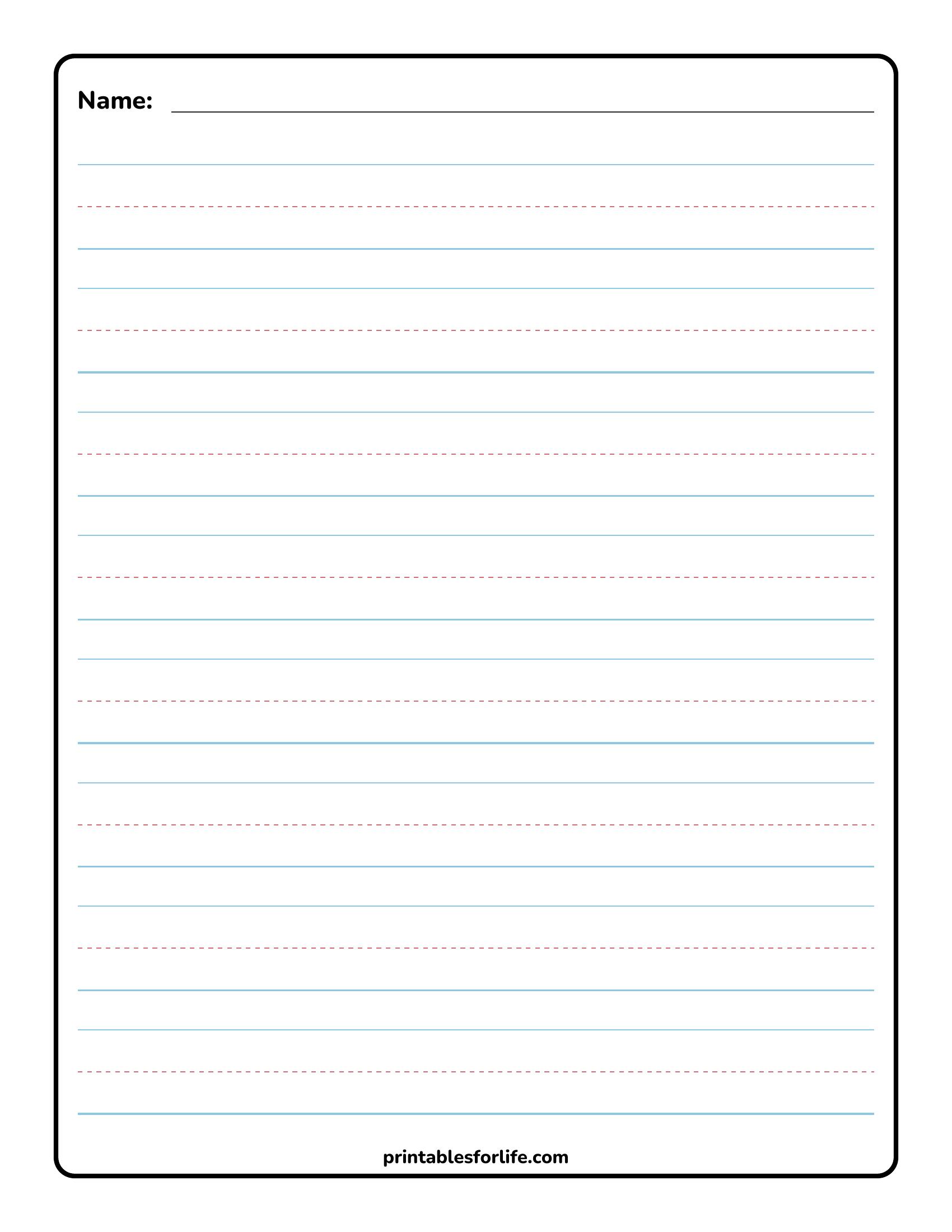Blank primary handwriting practice sheet with blue baselines, red dashed midlines, and a top name line inside a rounded black border.