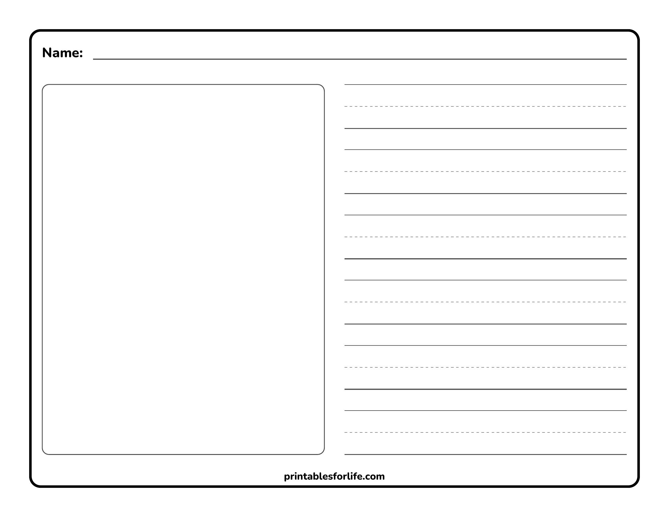 Blank two-column worksheet with a large left drawing box, lined writing area on right, and a top name line.