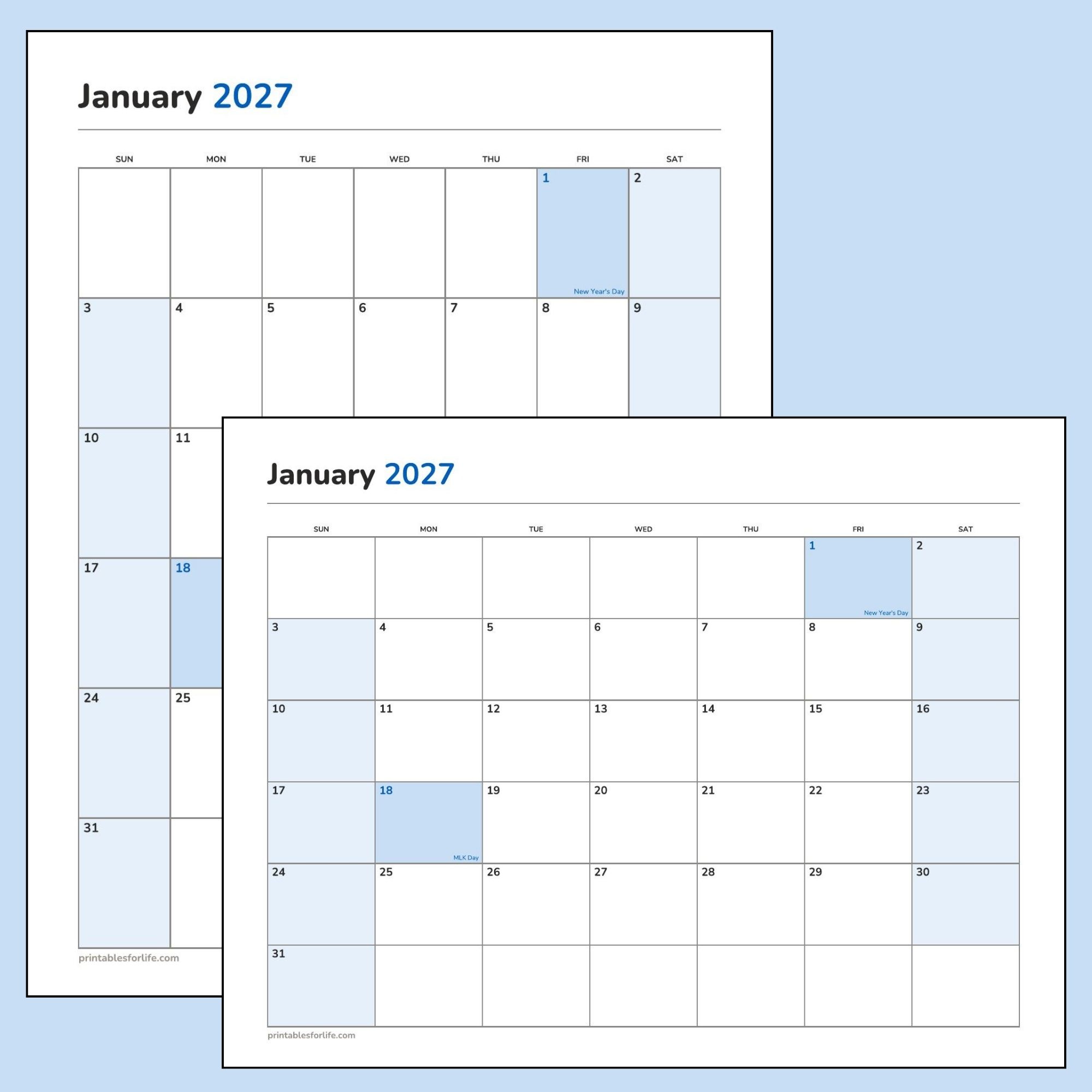 January 2027 printable calendar featured image showing the portrait and landscape layouts, with New Year's Day and MLK Day marked.