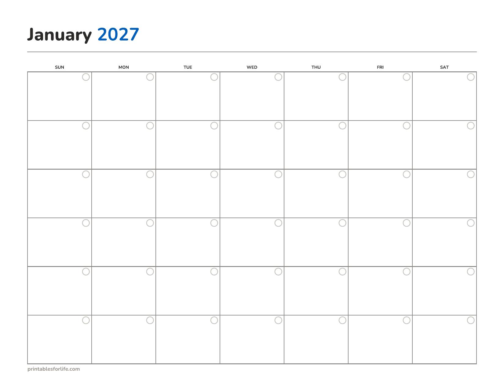 Blank undated January 2027 calendar printable with a circle in each cell for the date, landscape, Sunday start.