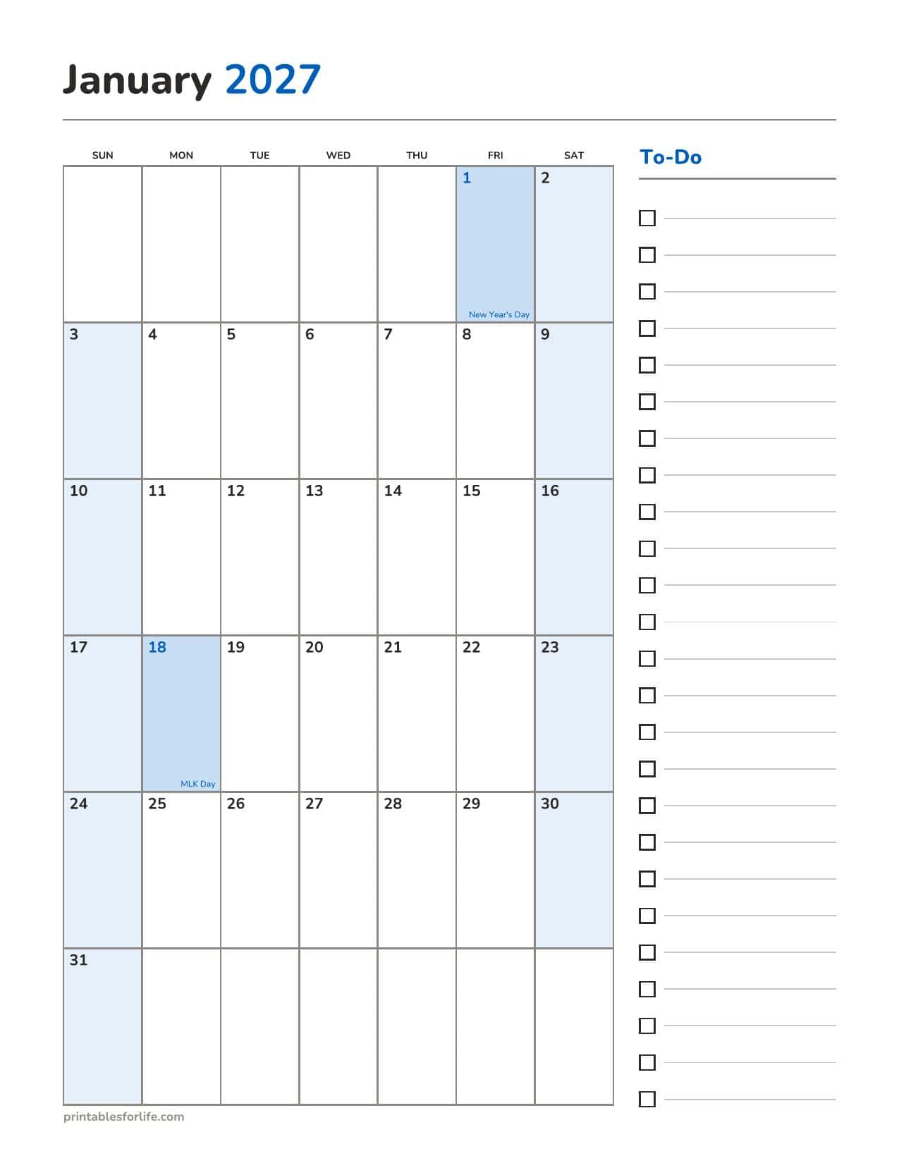 January 2027 calendar printable with holidays and a to-do checklist panel, portrait, Sunday start.