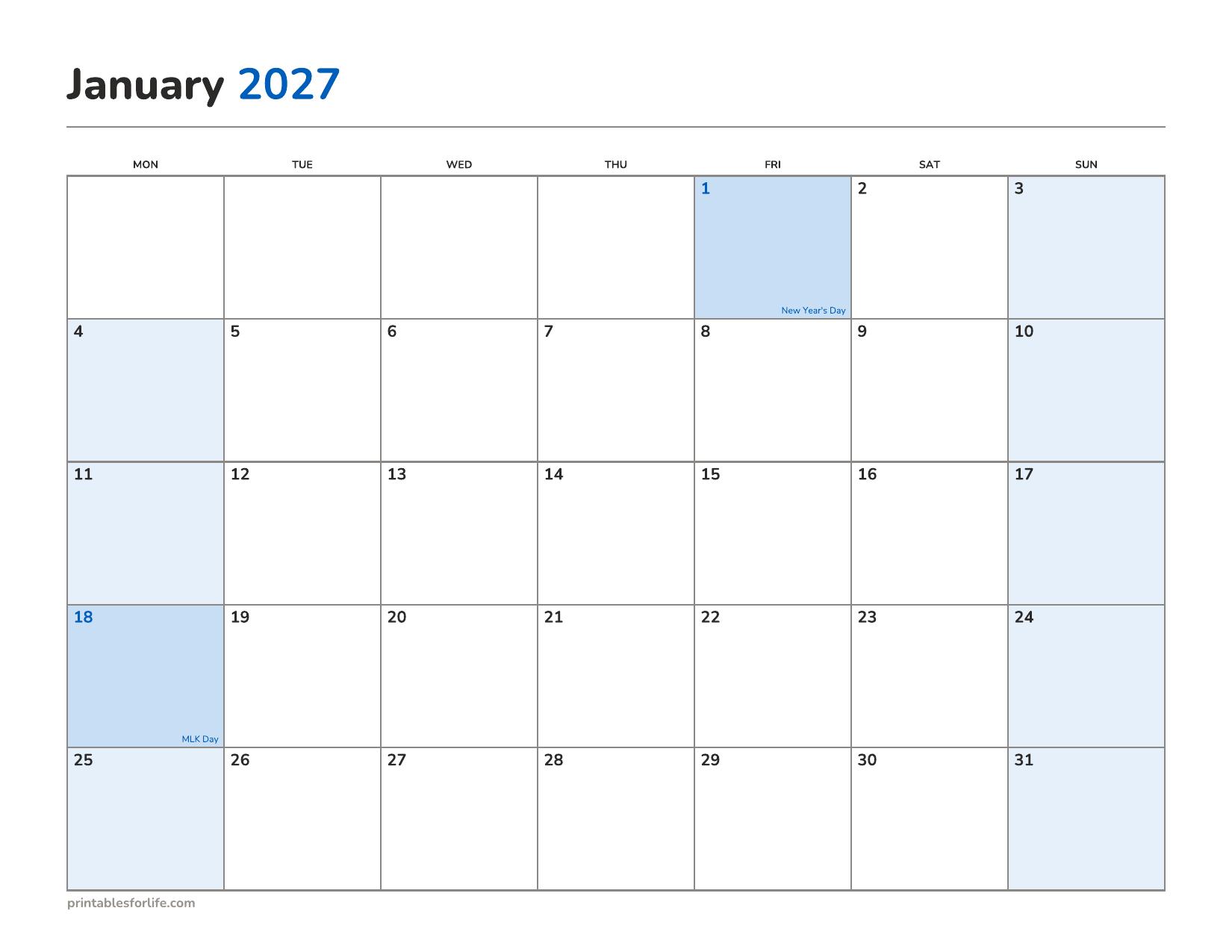 January 2027 calendar printable with the holidays already marked, landscape, Monday start.