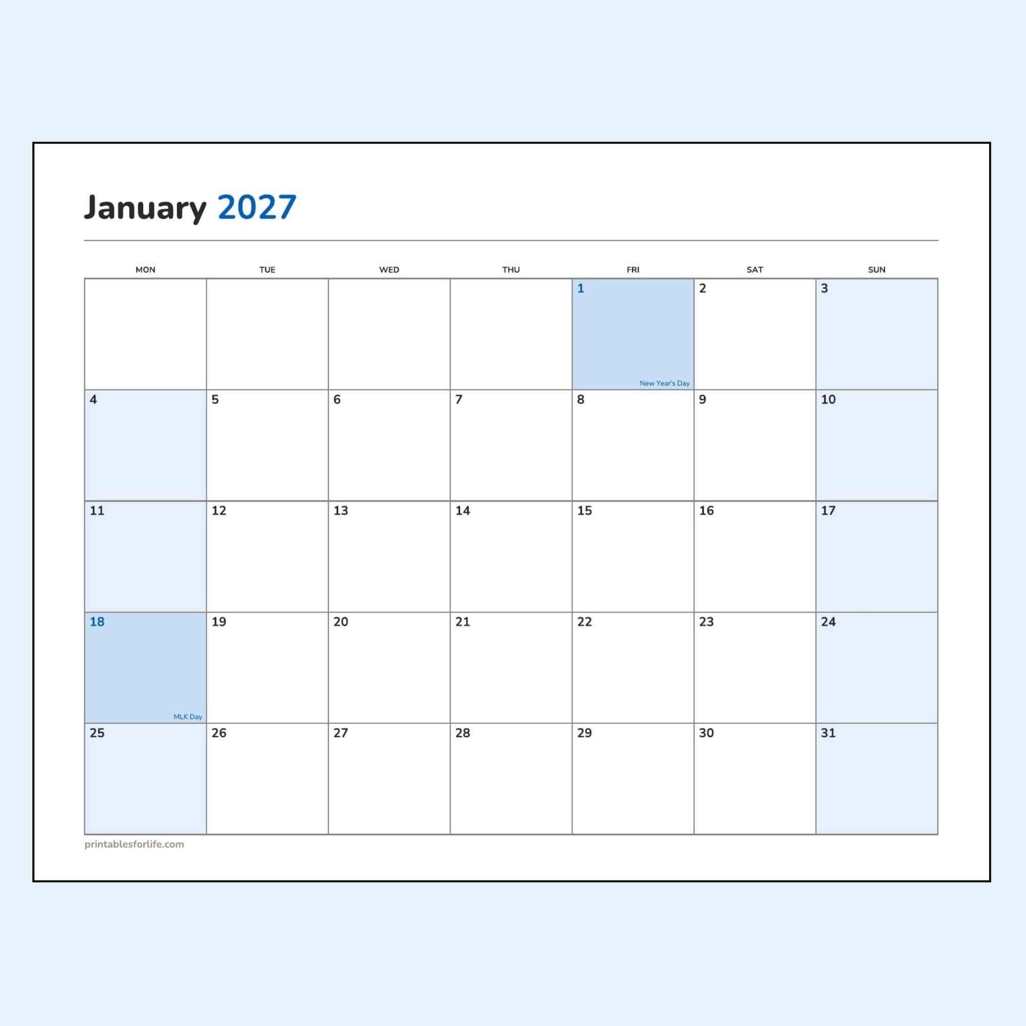 January 2027 calendar printable preview, landscape layout, Monday-start week, New Year's Day and MLK Day marked.