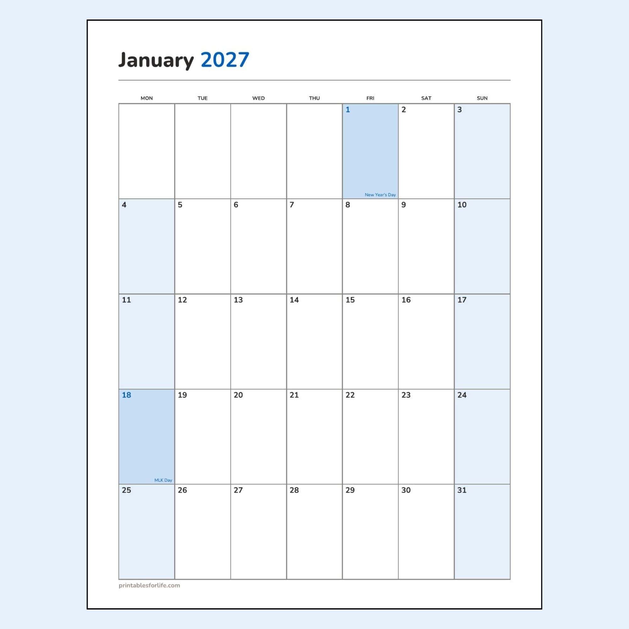 January 2027 calendar printable preview, portrait layout, Monday-start week, New Year's Day and MLK Day marked.