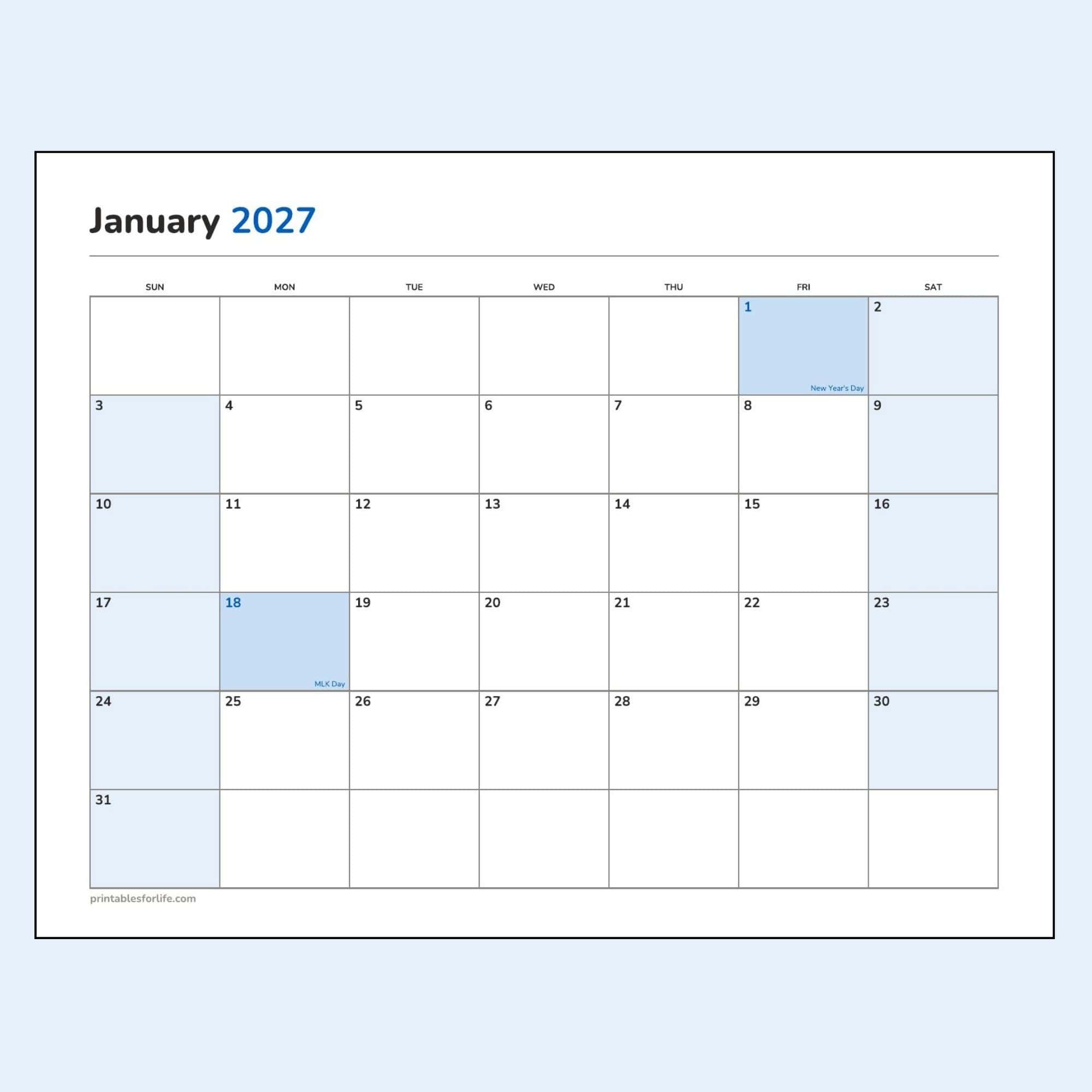 January 2027 calendar printable preview, landscape layout, Sunday-start week, New Year's Day and MLK Day marked.