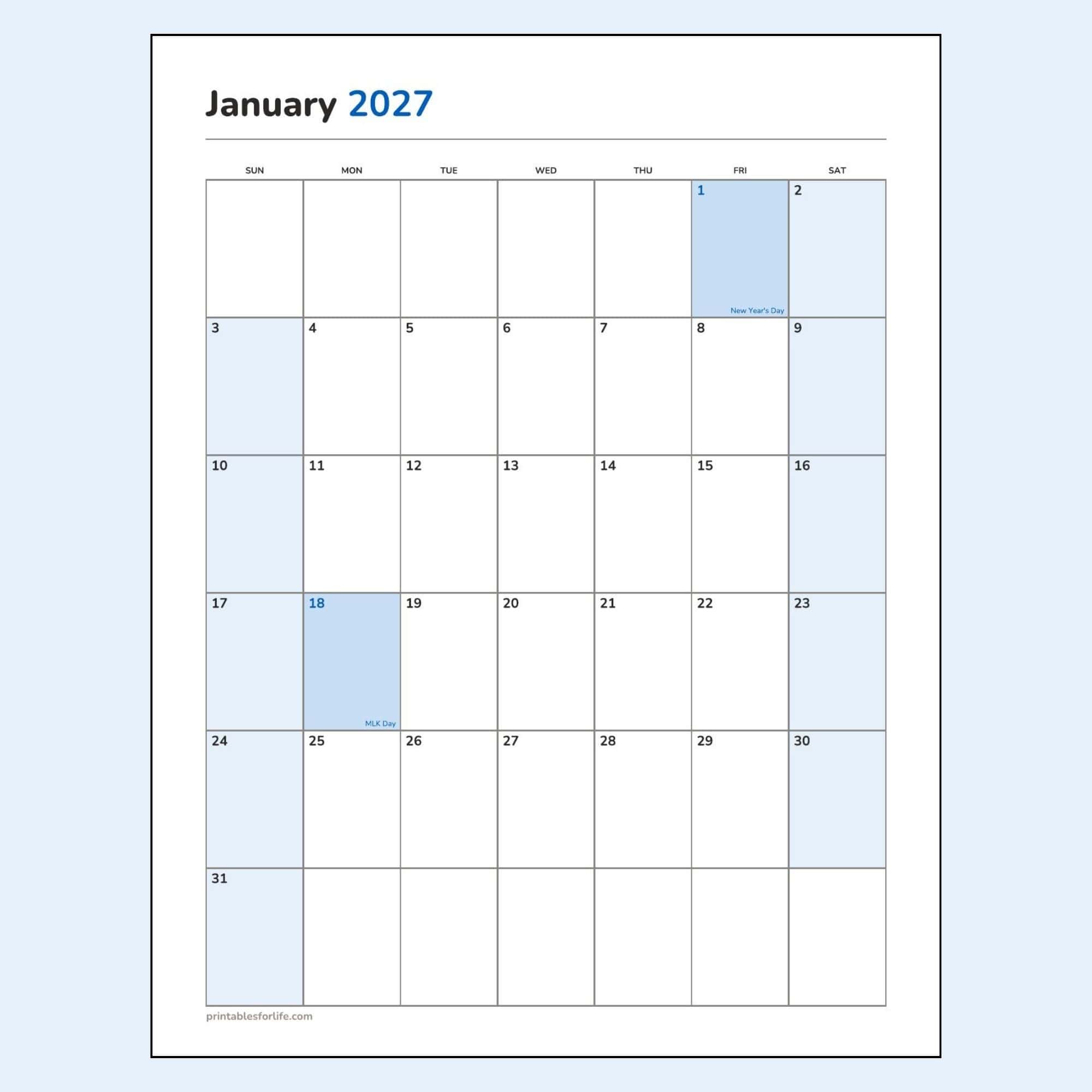 January 2027 calendar printable preview, portrait layout, Sunday-start week, New Year's Day and MLK Day marked.