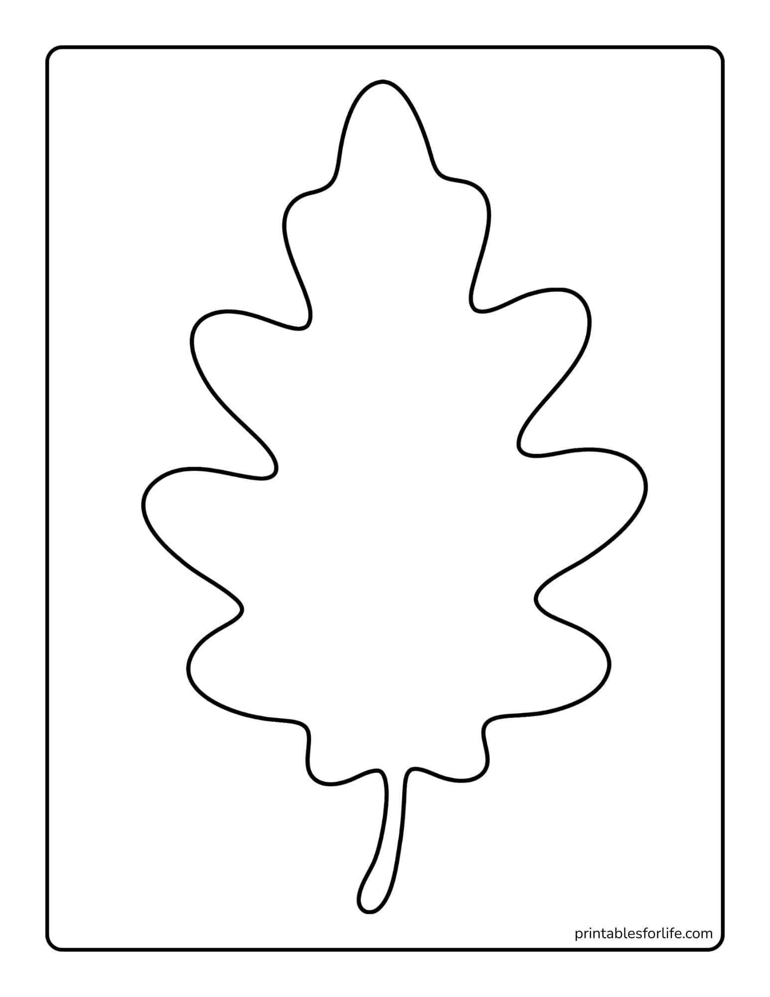 Black outline of a stylized oak leaf centered on a vertical white page with a thin rounded black border.