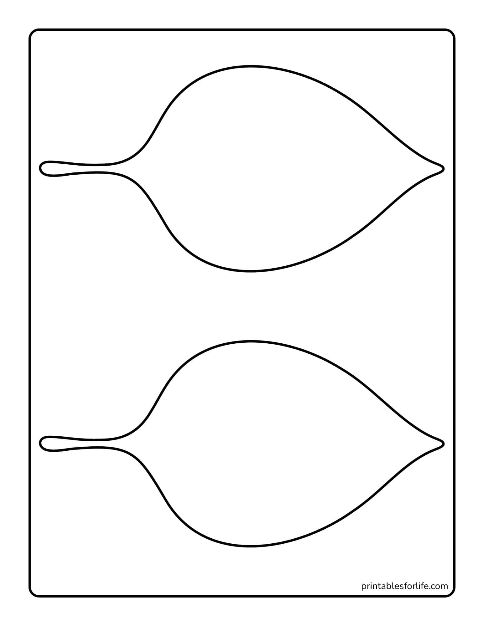 Two large symmetrical leaf outlines stacked vertically on a white rectangular page with rounded black border.