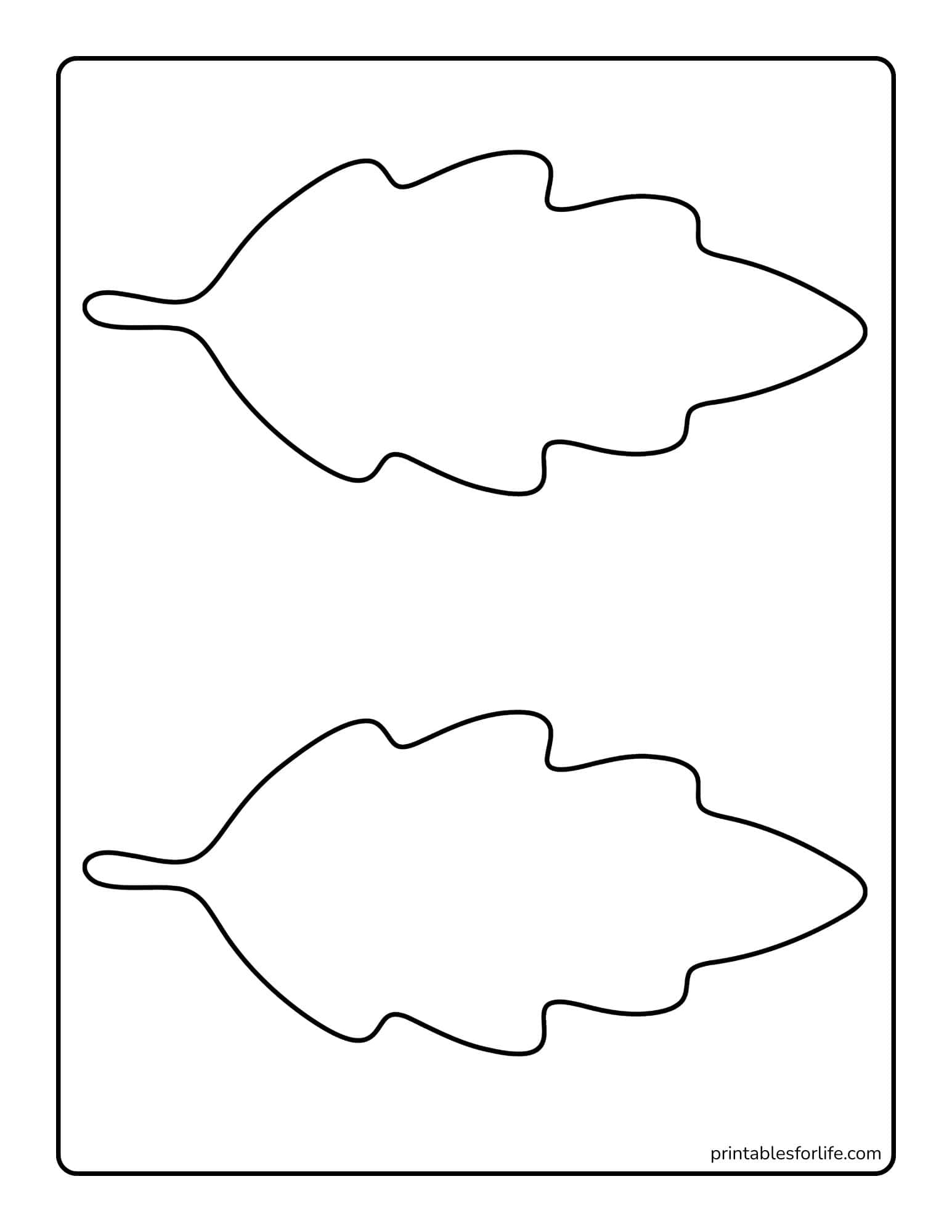 Two large simple leaf outlines stacked vertically on a white rectangular page with rounded border.