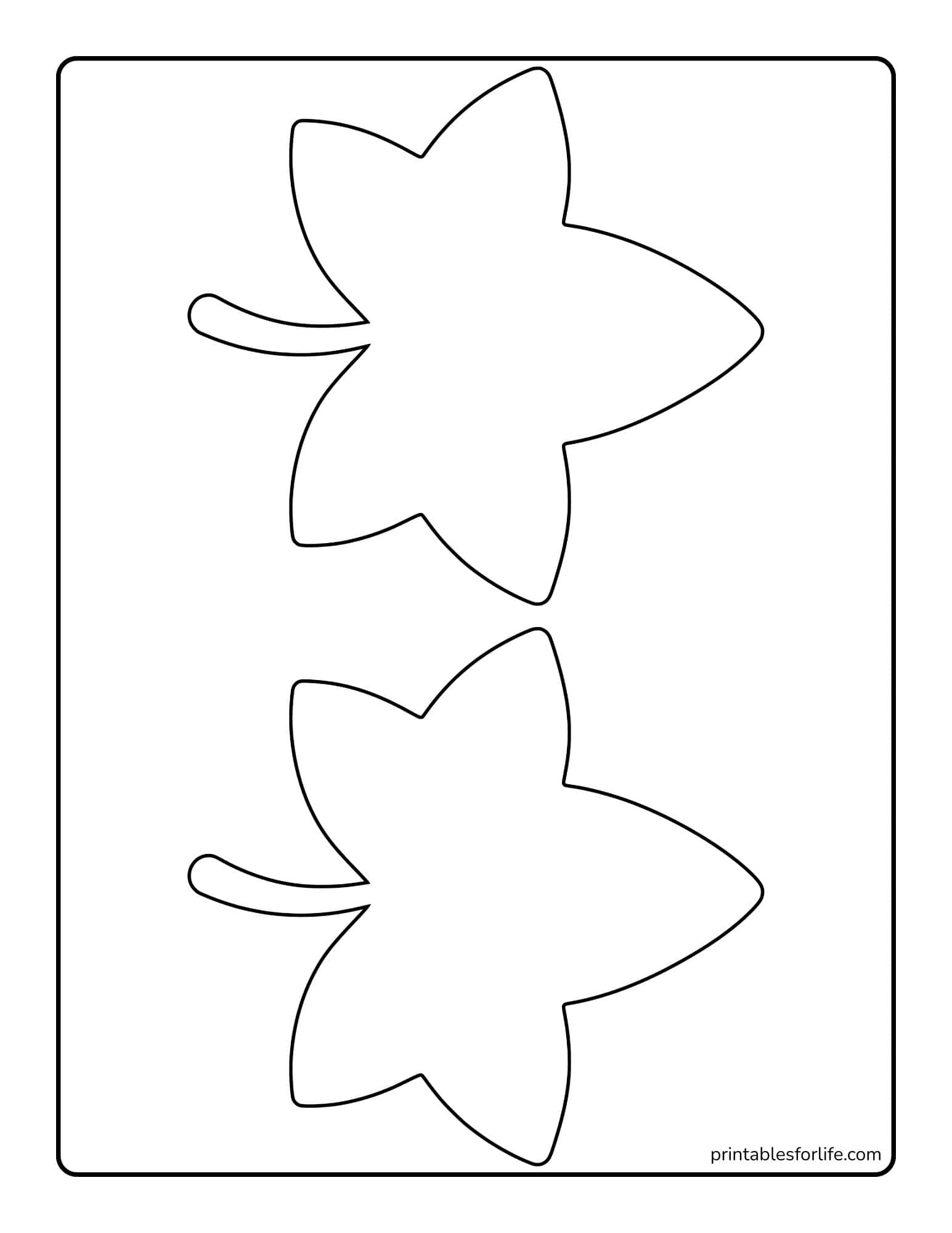 Black outlined stencil of three large stylized leaves with stems arranged vertically on a white sheet.