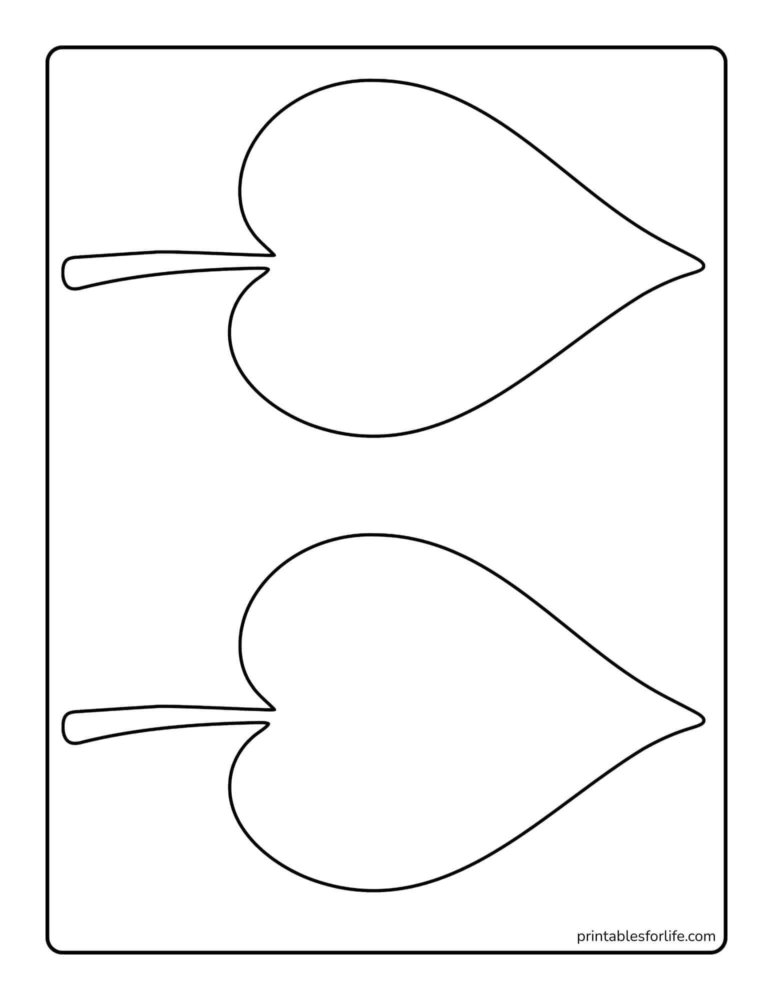 Two large simple heart-shaped leaf outlines arranged vertically on a white page with thin black border.