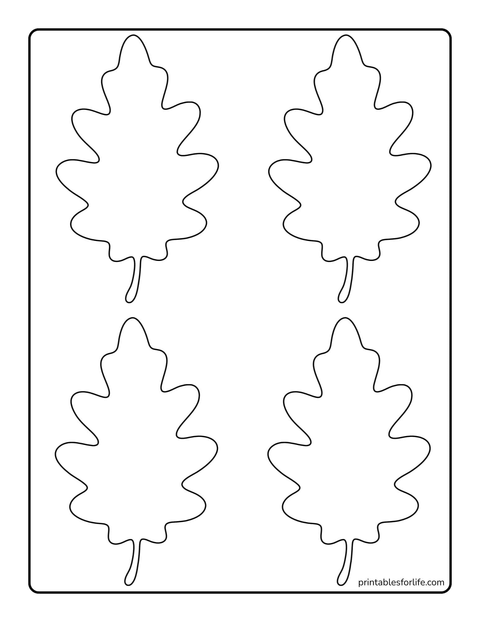 Black outlined oak leaf shapes arranged in two columns and three rows on a white rectangular sheet with rounded border.