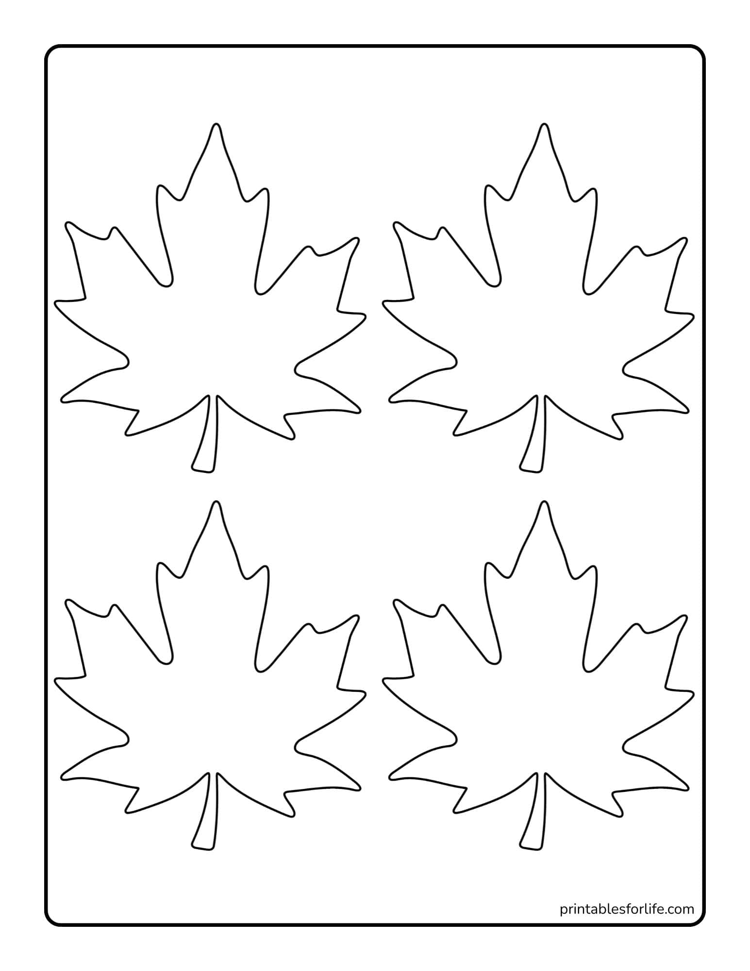 Four large outlined maple leaf shapes arranged in two rows on a vertical white page with a thin rounded border.