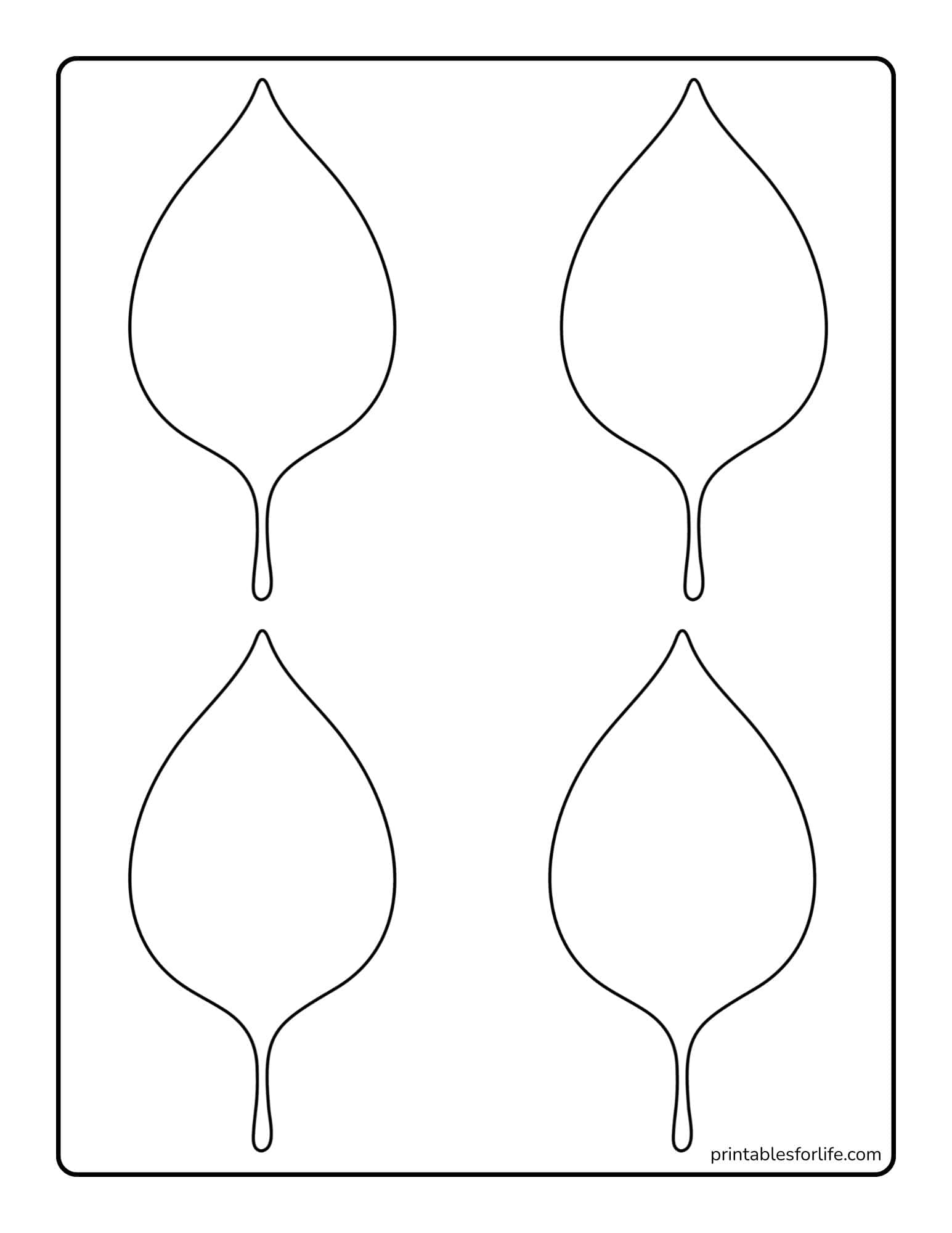 Black outlined sheet with four symmetrical teardrop-shaped leaf outlines arranged in two columns and two rows on white.