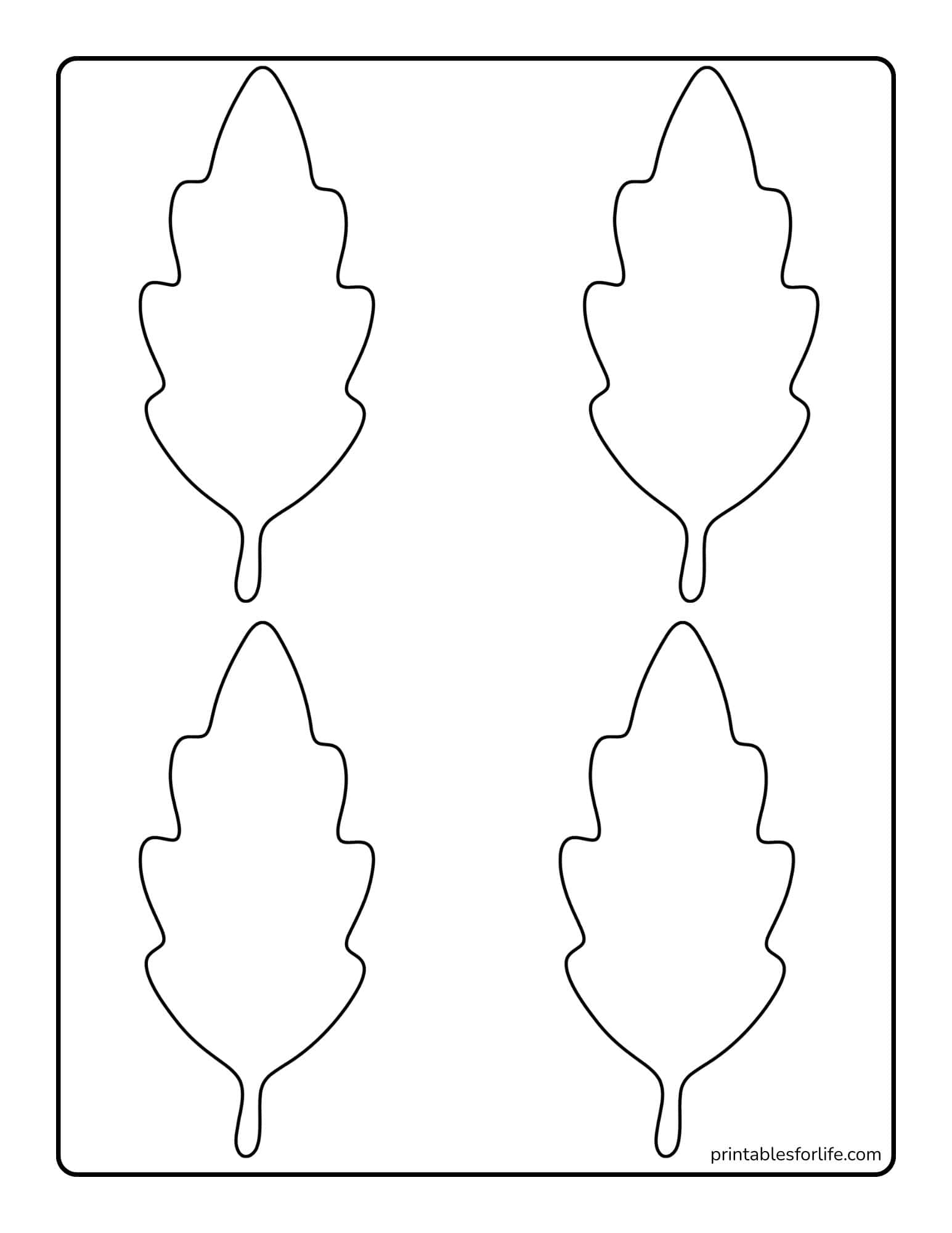 Sheet with six identical stylized oak leaf outlines arranged in two vertical columns on a white background.