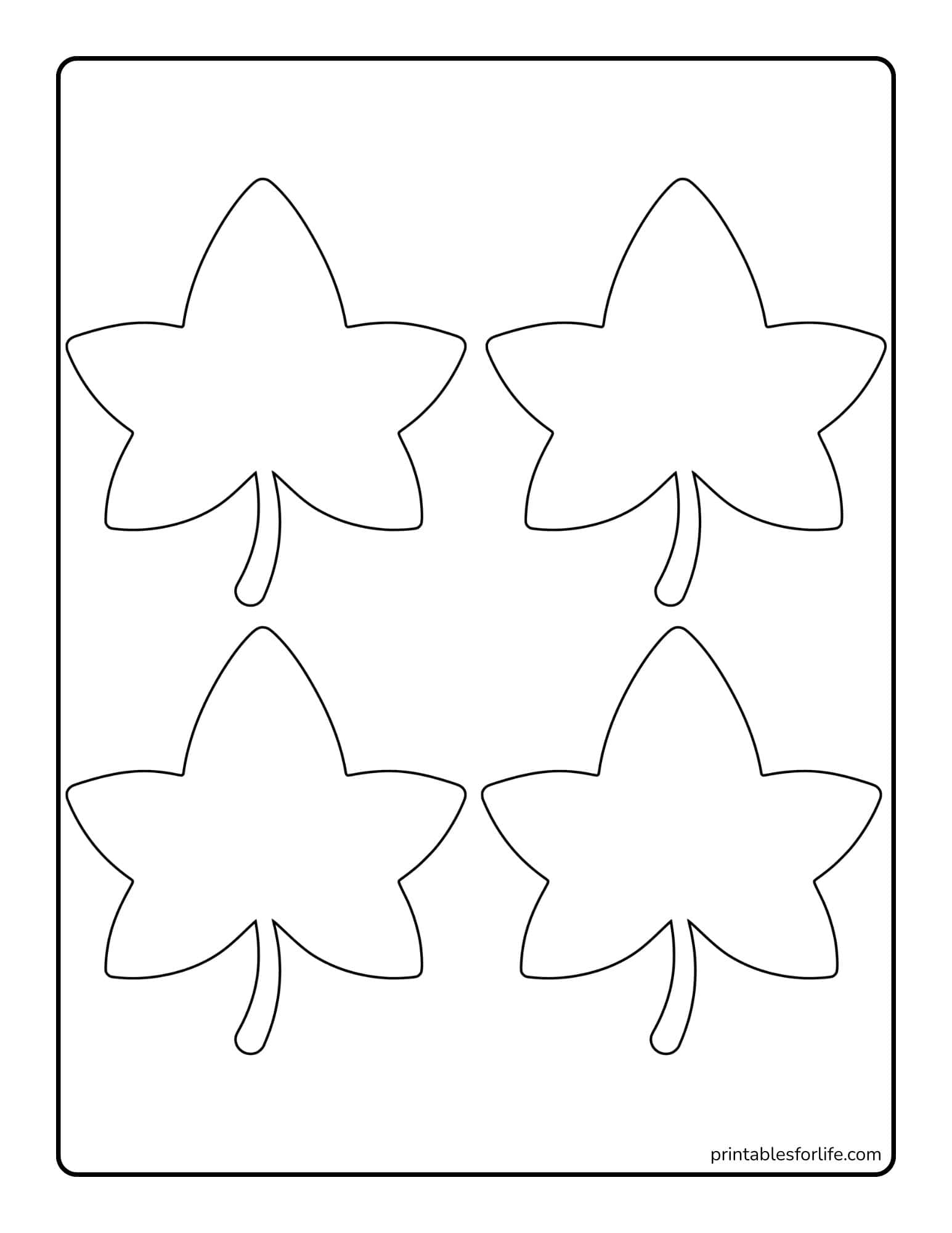 Four identical simple leaf outlines arranged in two rows on a vertical white sheet with rounded corners.
