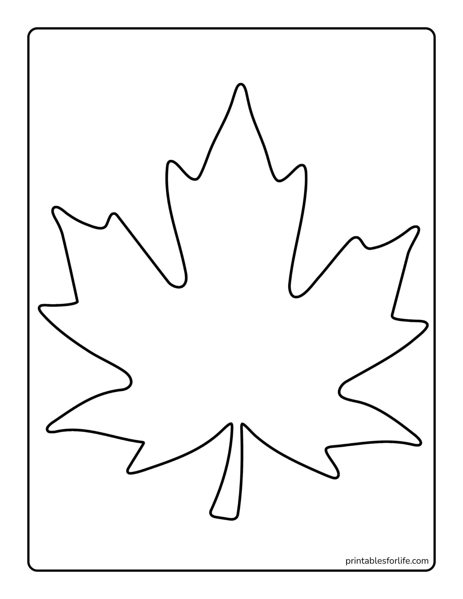 Simple black outline of a large maple leaf centered on a white vertical rectangular coloring page with rounded border.