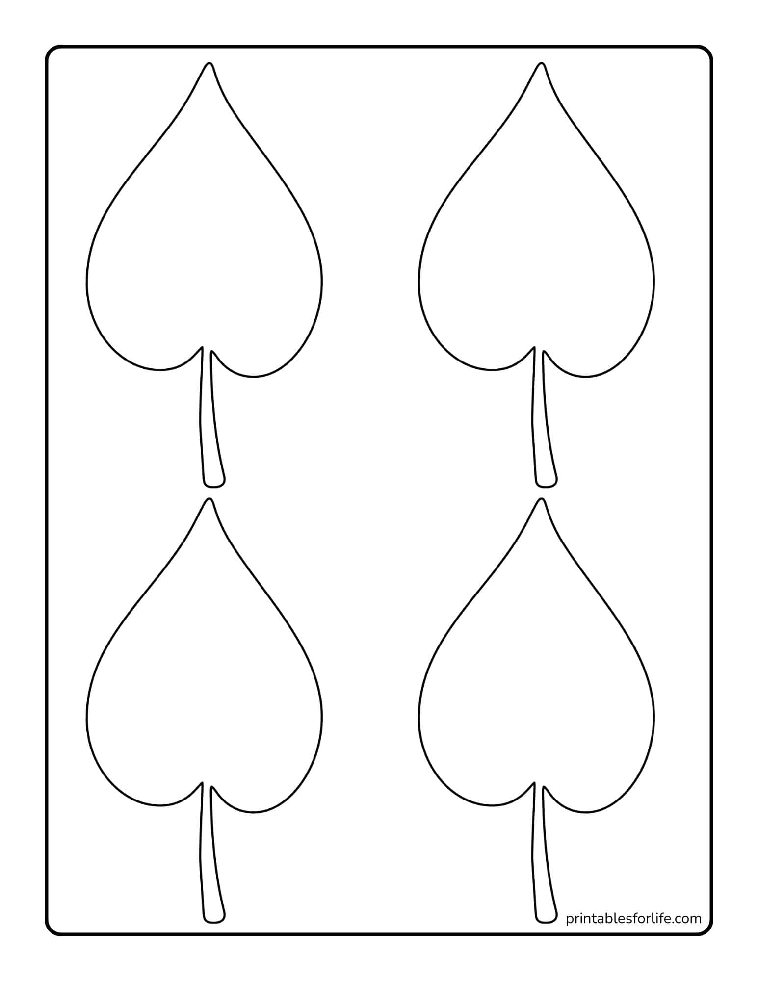 Six large simple leaf outlines arranged in two vertical columns on a white rectangular page with rounded border.