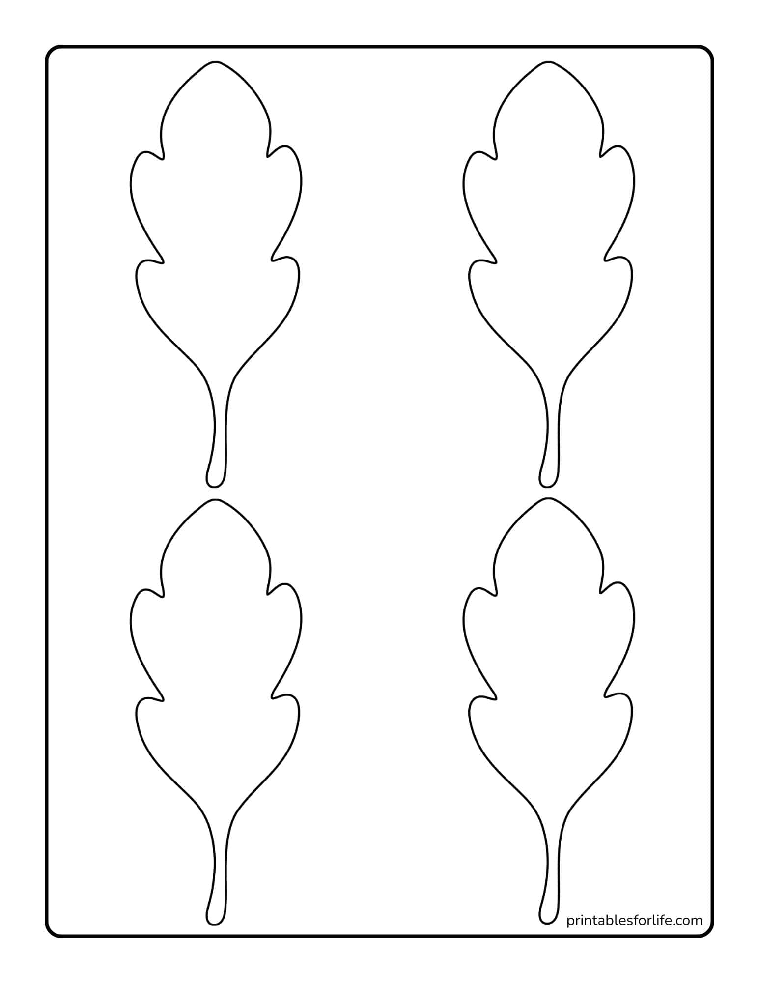 Sheet with two columns and three rows of symmetrical leaf-shaped coloring cutouts outlined in black on white.