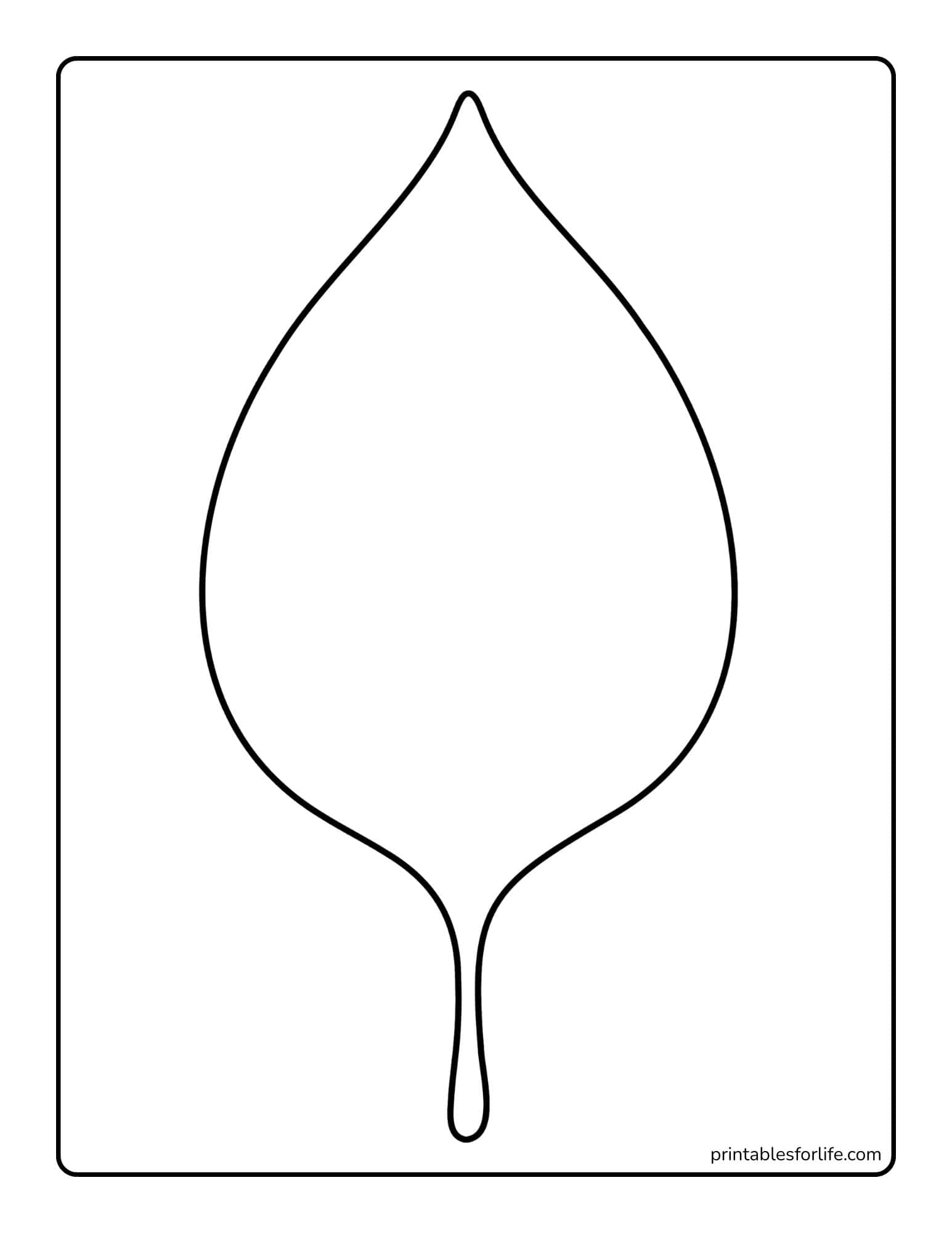 Black outlined teardrop and elongated drip shape centered on a white rectangular page with rounded border.