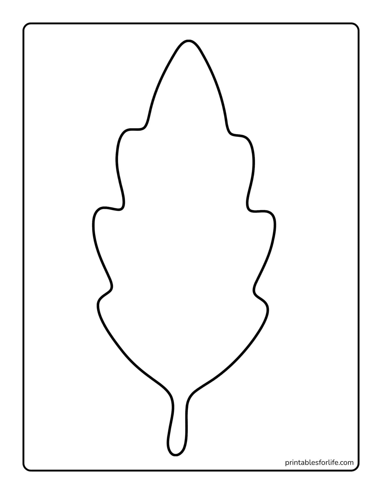 Black outlined stylized leaf shape centered on a white vertical rectangle with rounded border for coloring.