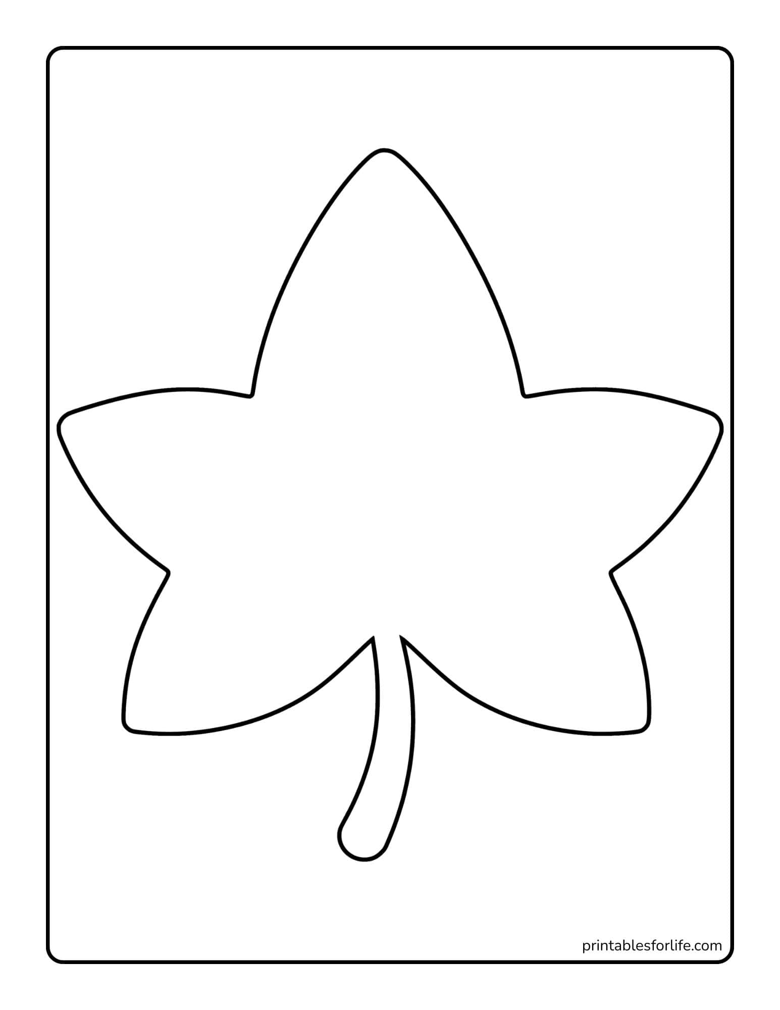 Black outlined five-lobed maple leaf centered on a vertical white page with a rounded rectangular border.
