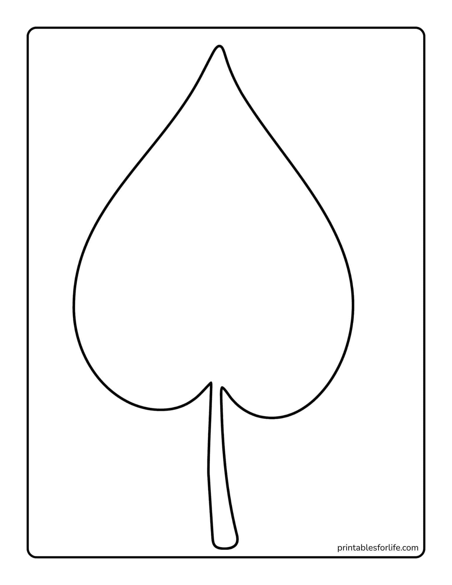 Black outline of a large stylized leaf with a stem centered on a vertical white rectangular coloring page with rounded border.
